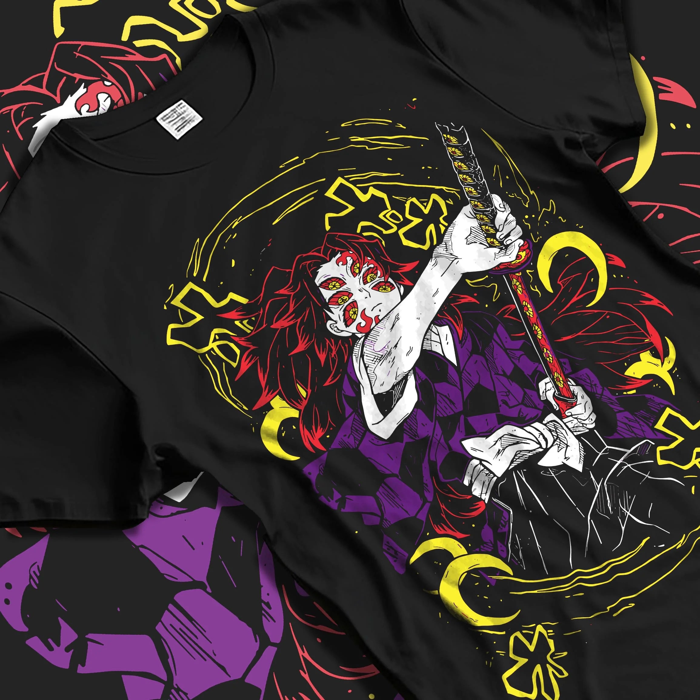 Black T-shirt laid flat with natural folds with Kimetsu no Yaiba Hoodie Upper Moon Kokushibo Crescent graphic streetwear graphic.