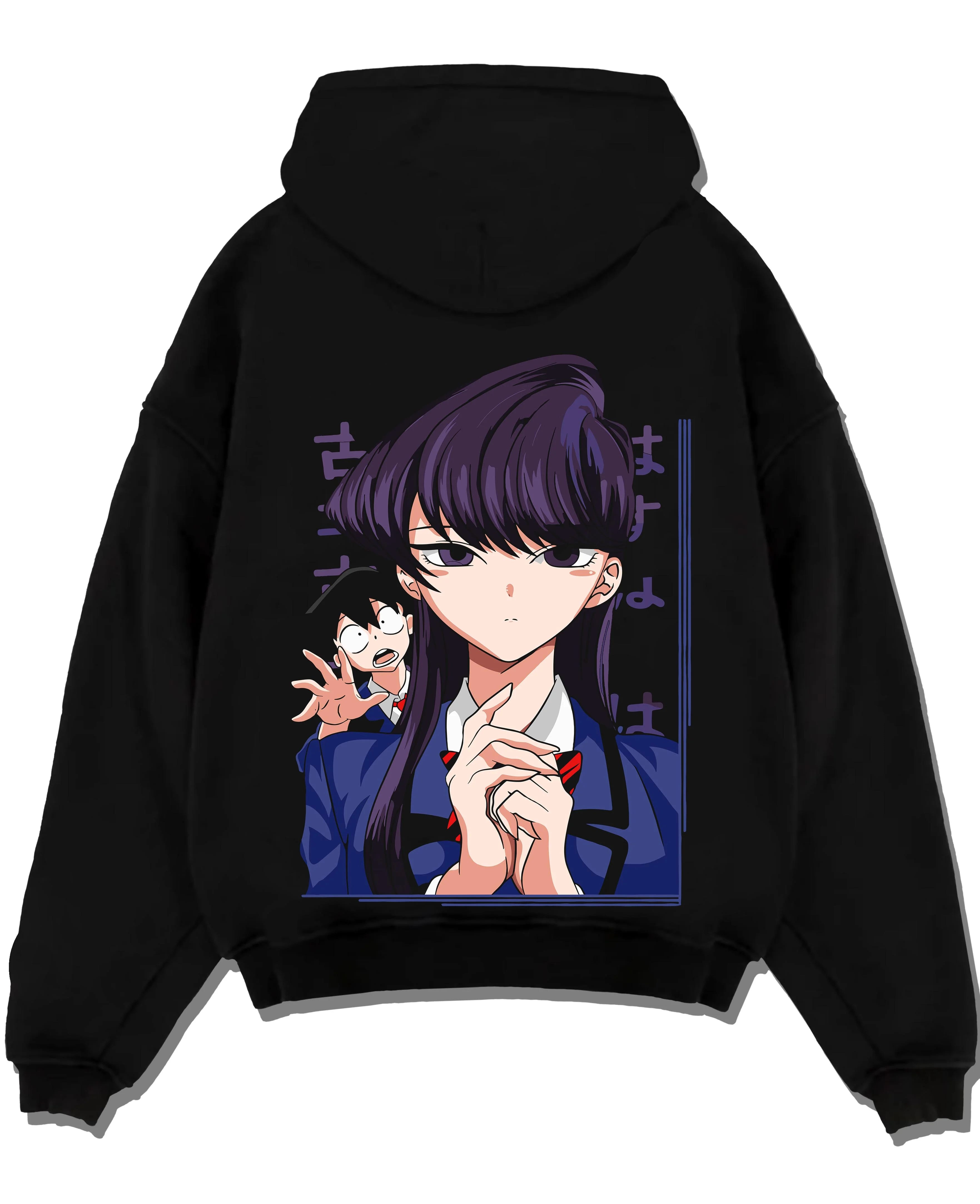 Black pullover hoodie laid flat with Komi Can’t Communicate Hoodie Shouko Komi School Uniform graphic streetwear graphic.