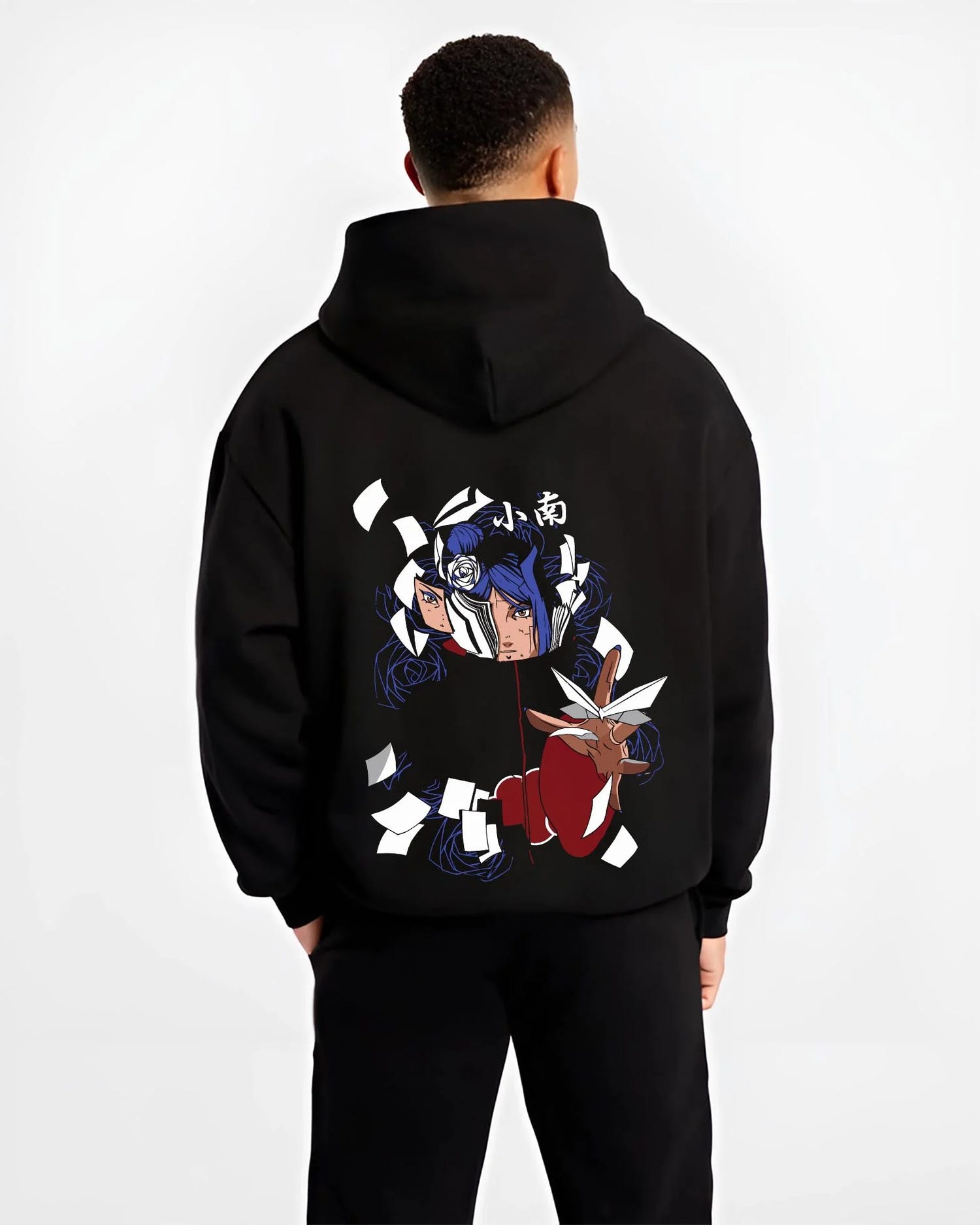 Black hoodie worn by male model, back view with Chainsaw Man Hoodie Aki Hayakawa Curse Devil Contract graphic streetwear graphic.