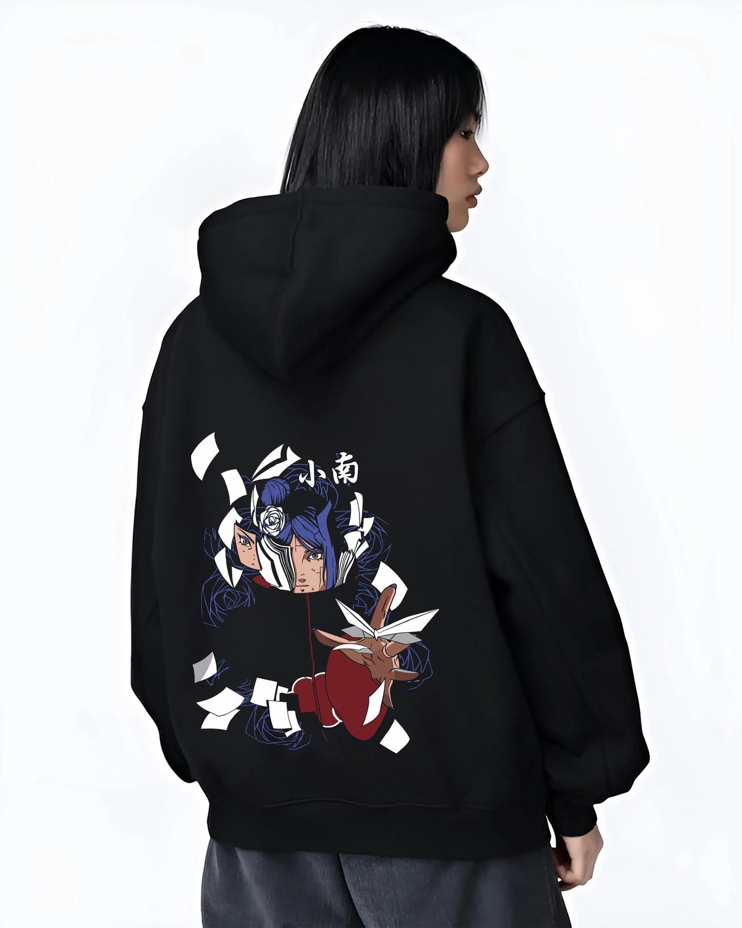 Black hoodie worn by female model, back view with Chainsaw Man Hoodie Aki Hayakawa Curse Devil Contract graphic bold anime graphic.