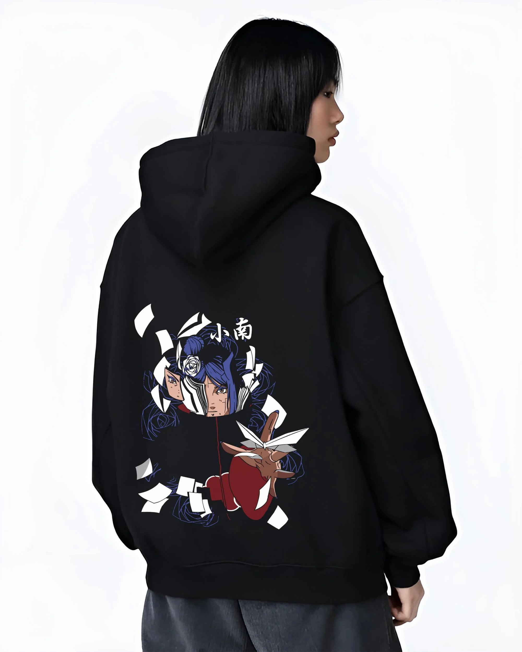 Black hoodie worn by female model, back view with Chainsaw Man Hoodie Aki Hayakawa Curse Devil Contract graphic bold anime graphic.