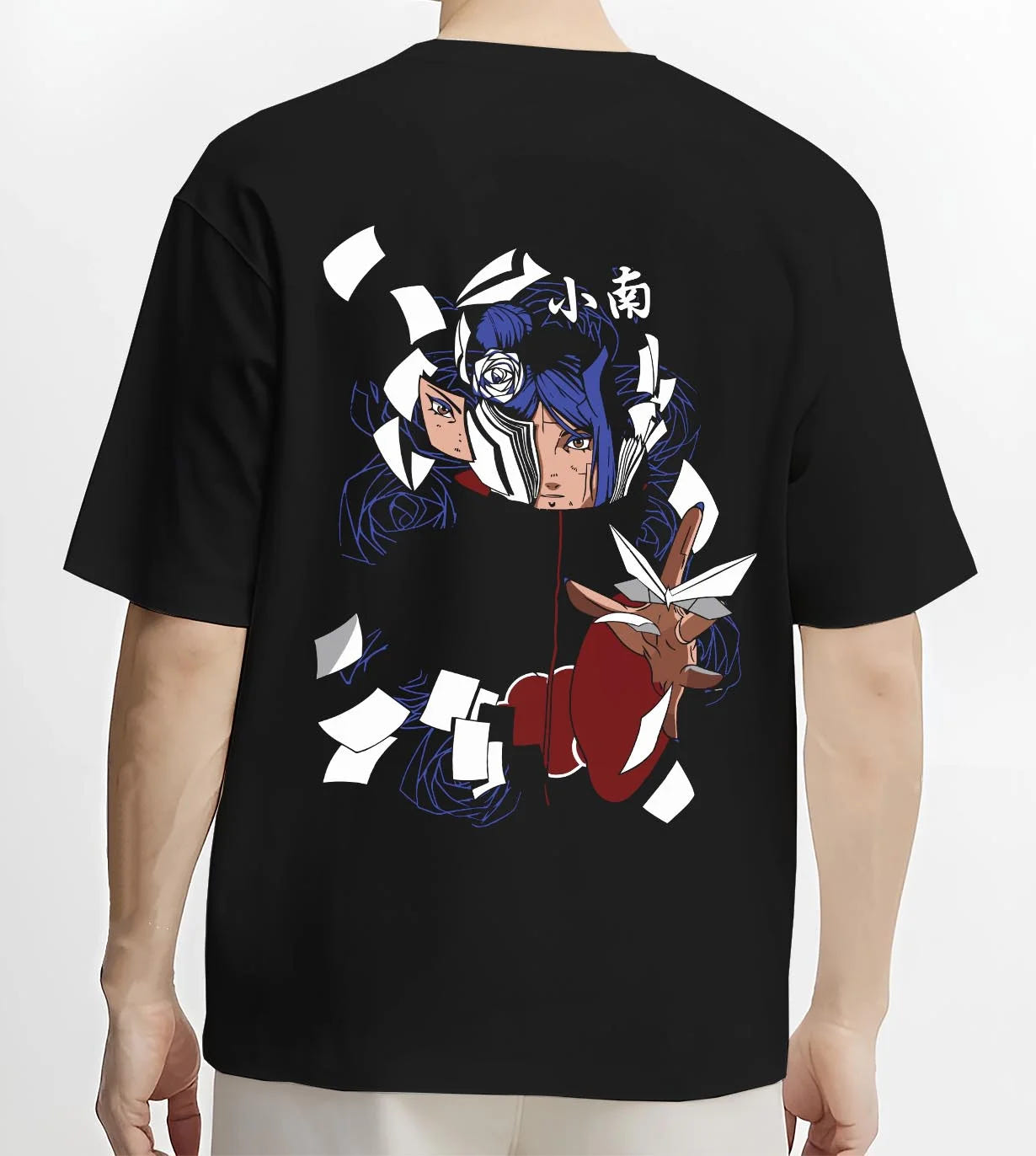 Black T-shirt worn by male model, back view with Chainsaw Man Hoodie Aki Hayakawa Curse Devil Contract graphic premium wear.