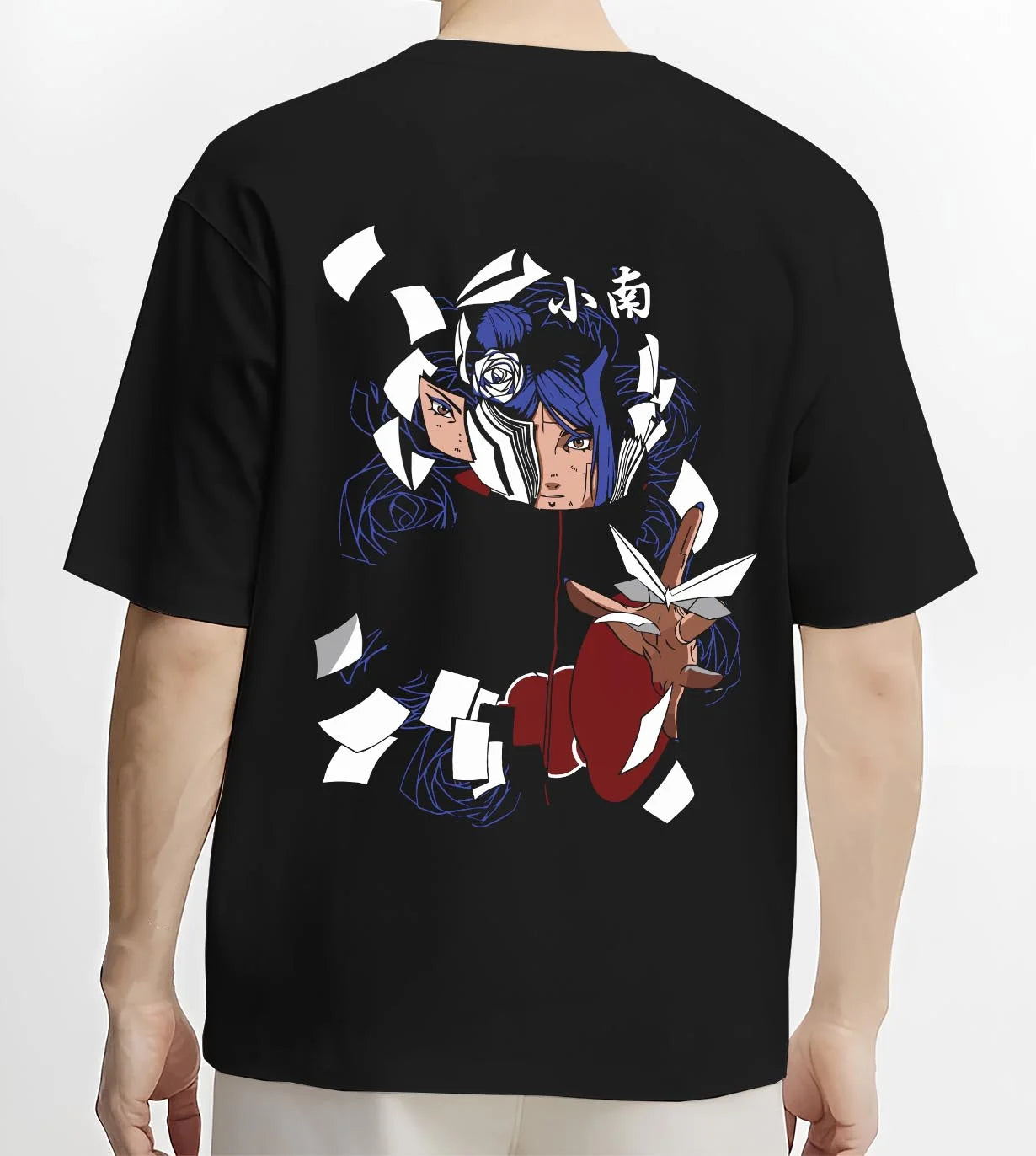 Black T-shirt worn by male model, back view with Chainsaw Man Hoodie Aki Hayakawa Curse Devil Contract graphic premium wear.