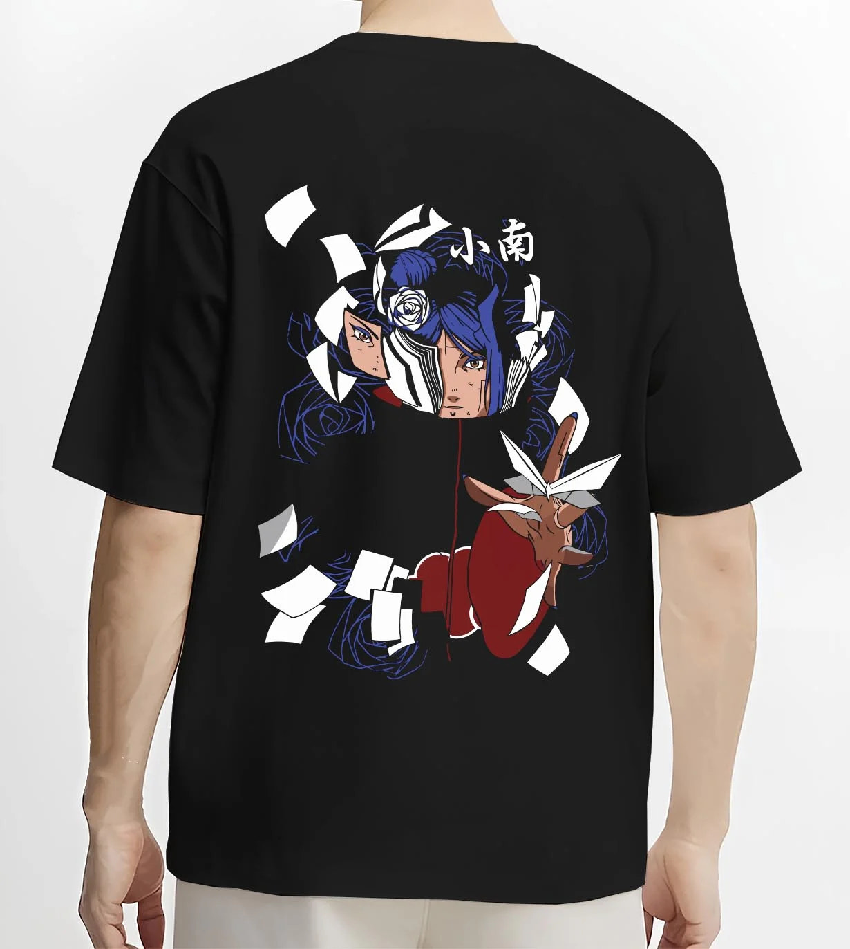 Black T-shirt worn by male model, back view with Chainsaw Man Hoodie Aki Hayakawa Curse Devil Contract graphic premium wear.