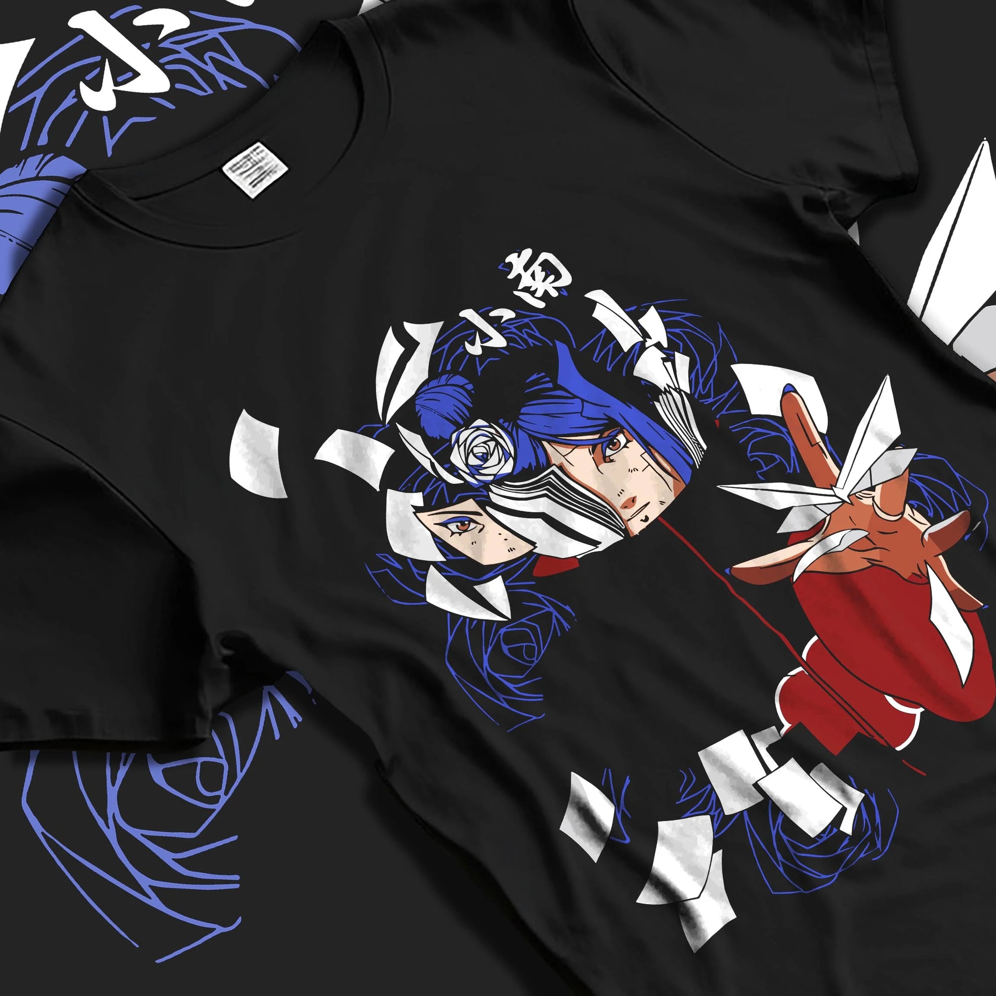 Black T-shirt laid flat with natural folds with Chainsaw Man Hoodie Aki Hayakawa Curse Devil Contract graphic premium wear.