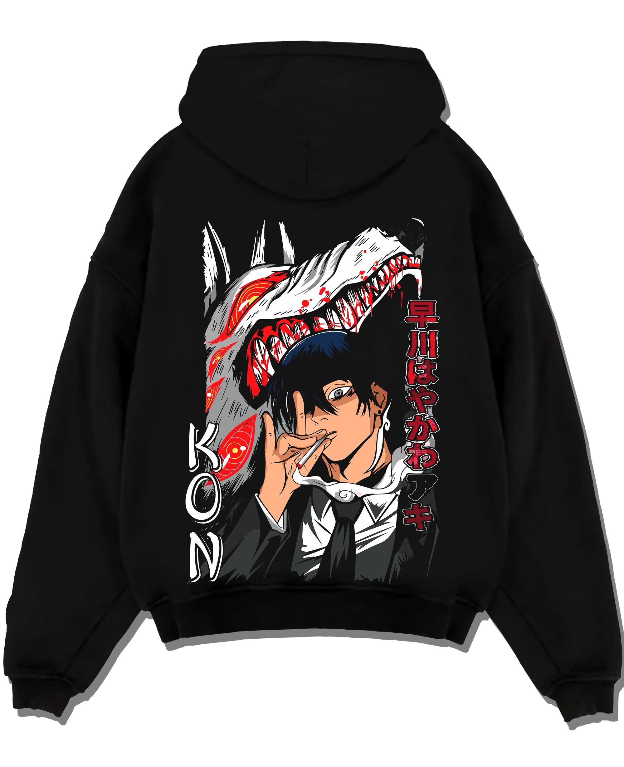 Black pullover hoodie laid flat with Chainsaw Man Hoodie Aki Hayakawa Sword Spirit Power graphic premium wear.