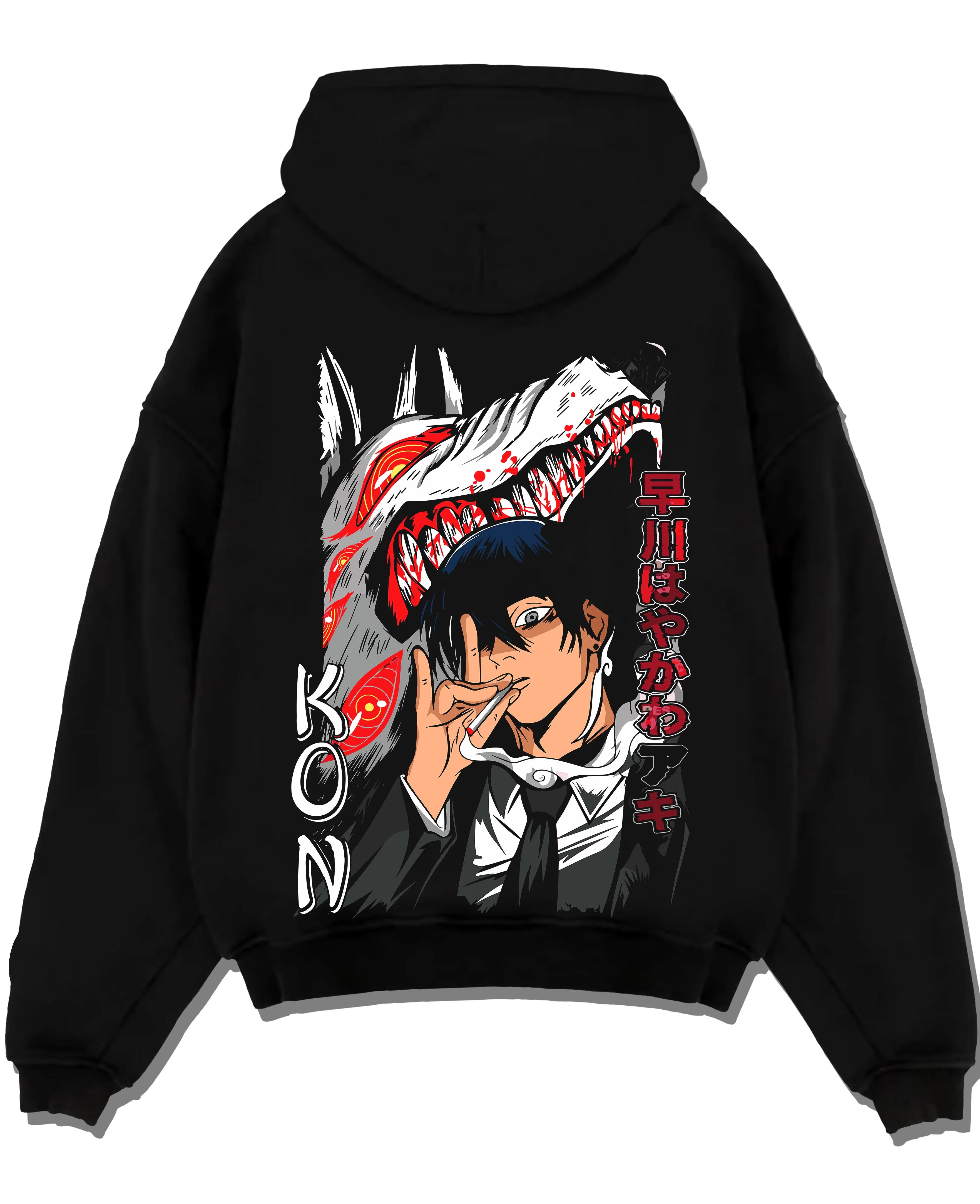 Black pullover hoodie laid flat with Chainsaw Man Hoodie Aki Hayakawa Sword Spirit Power graphic premium wear.