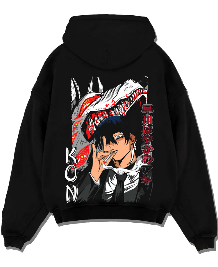 Black pullover hoodie laid flat with Chainsaw Man Hoodie Aki Hayakawa Sword Spirit Power graphic premium wear.