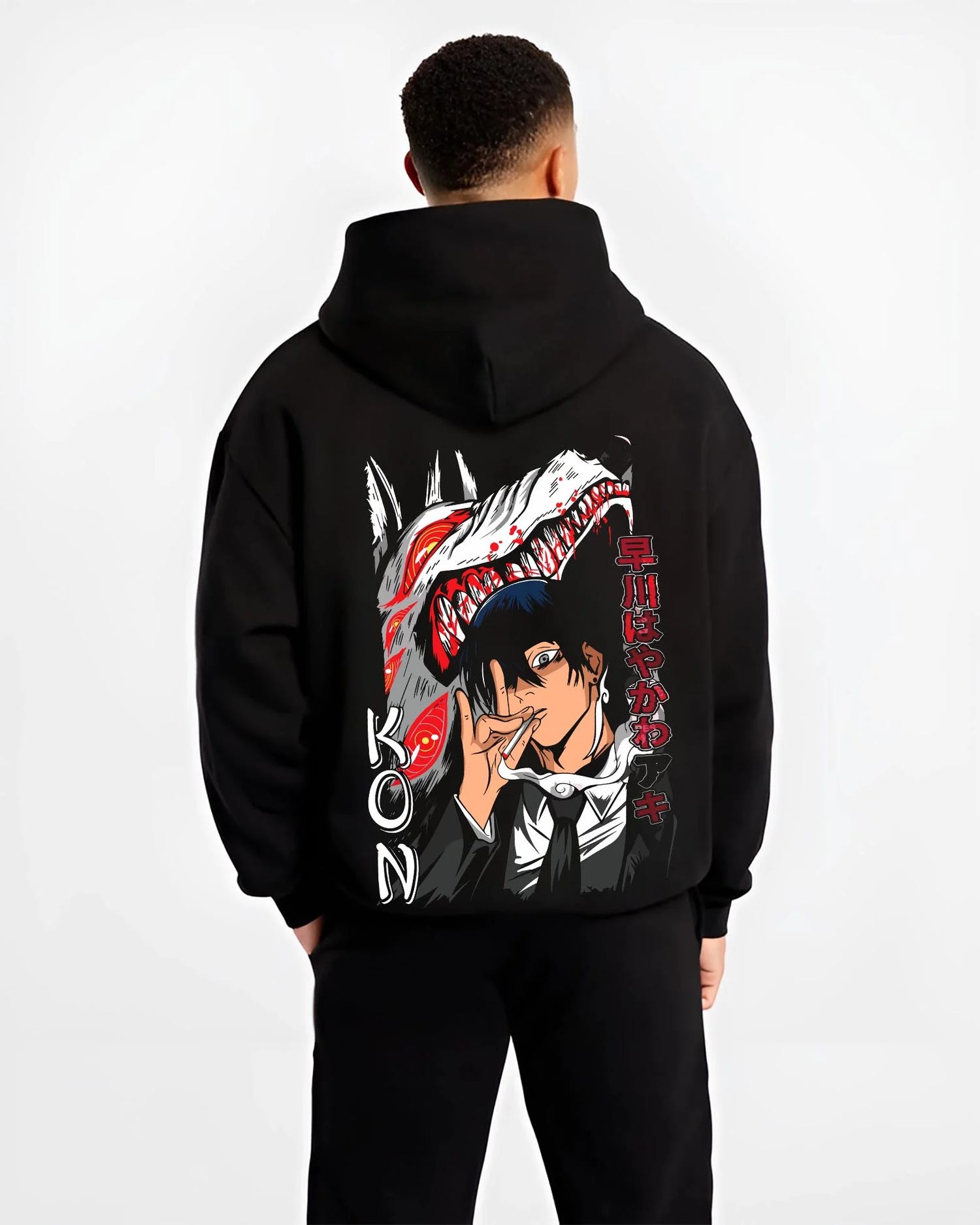 Black hoodie worn by male model, back view with Chainsaw Man Hoodie Aki Hayakawa Sword Spirit Power graphic bold anime graphic.