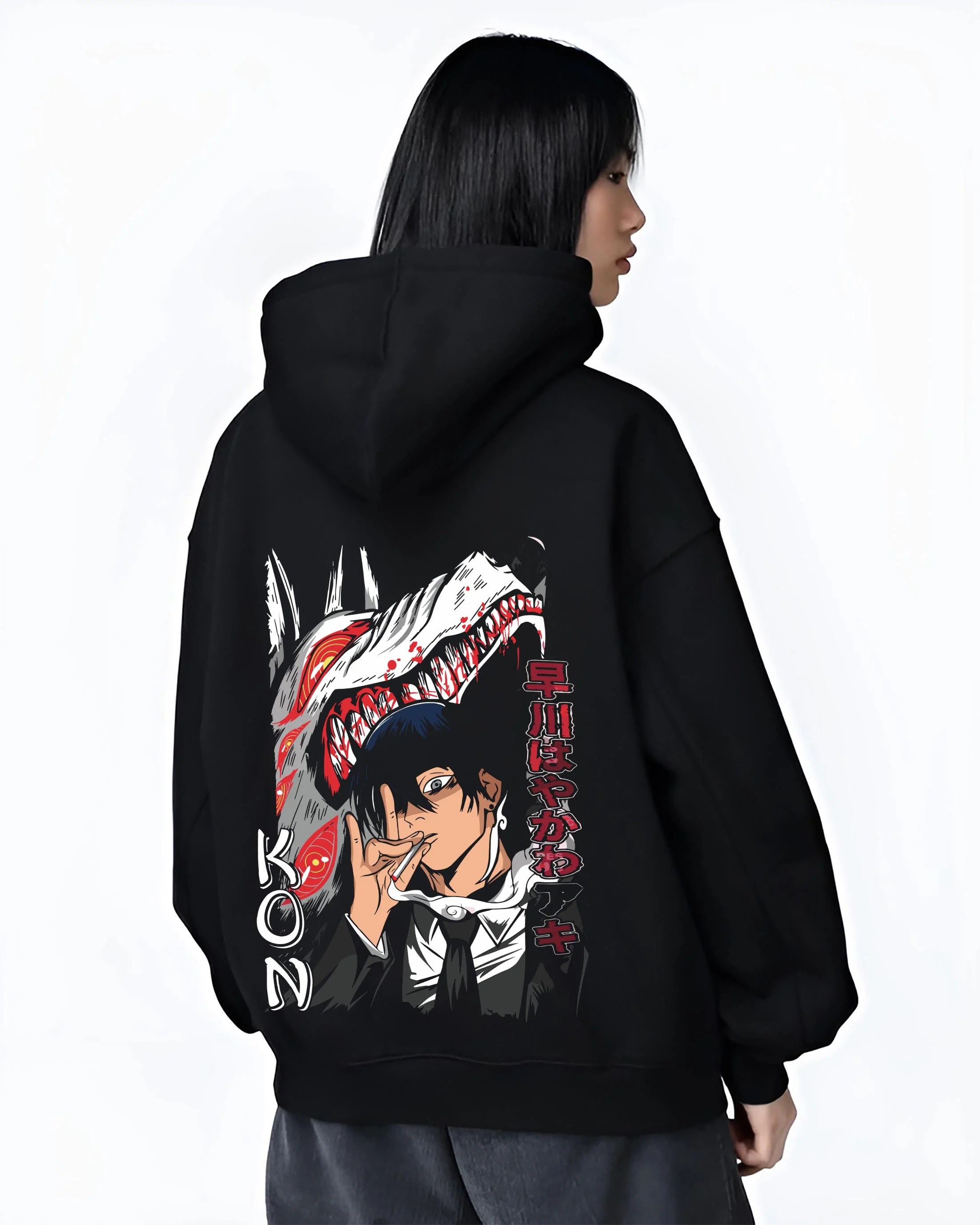 Black hoodie worn by female model, back view with Chainsaw Man Hoodie Aki Hayakawa Sword Spirit Power graphic premium wear.
