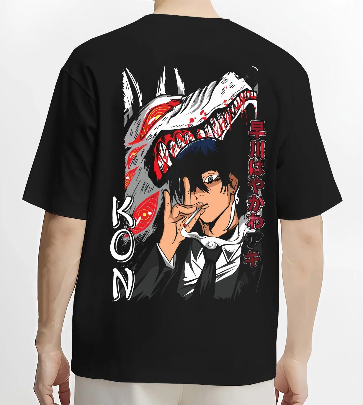 Black T-shirt worn by male model, back view with Chainsaw Man Hoodie Aki Hayakawa Sword Spirit Power graphic bold anime graphic.