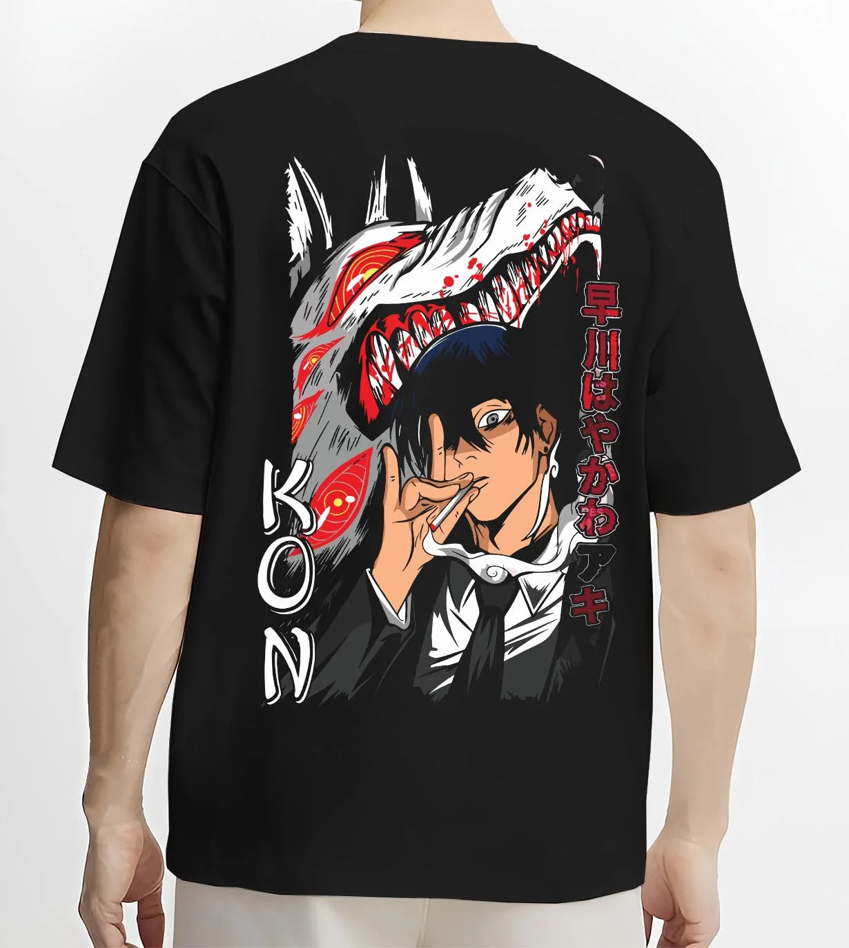 Black T-shirt worn by male model, back view with Chainsaw Man Hoodie Aki Hayakawa Sword Spirit Power graphic bold anime graphic.