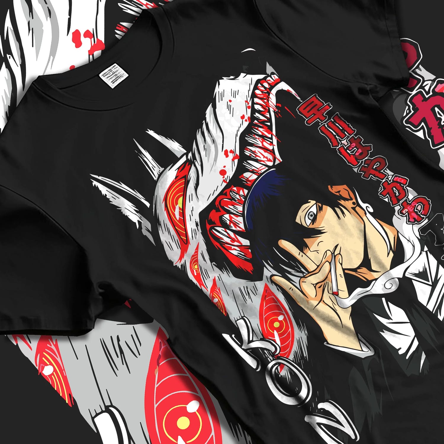 Black T-shirt laid flat with natural folds with Chainsaw Man Hoodie Aki Hayakawa Sword Spirit Power graphic bold anime graphic.