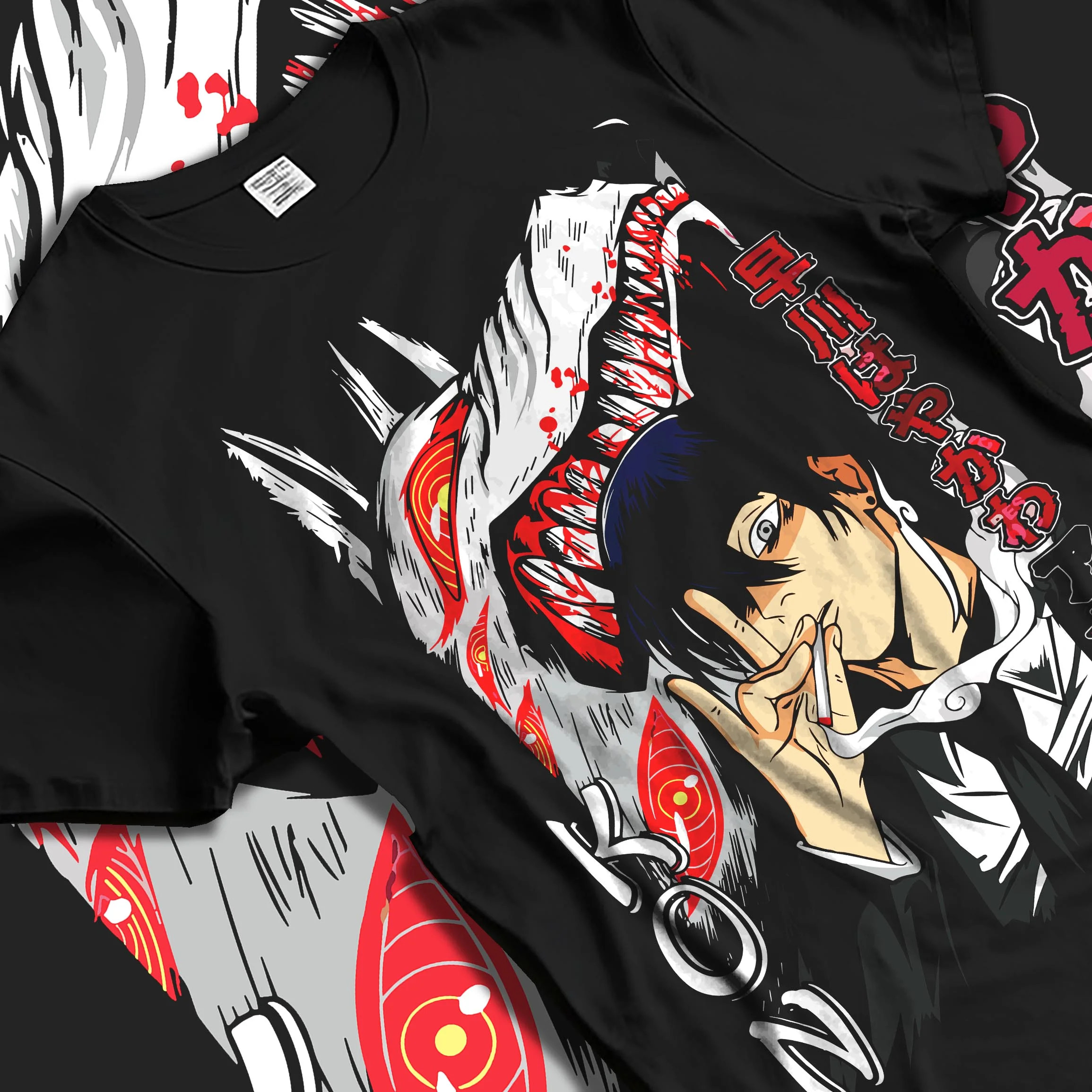 Black T-shirt laid flat with natural folds with Chainsaw Man Hoodie Aki Hayakawa Sword Spirit Power graphic bold anime graphic.