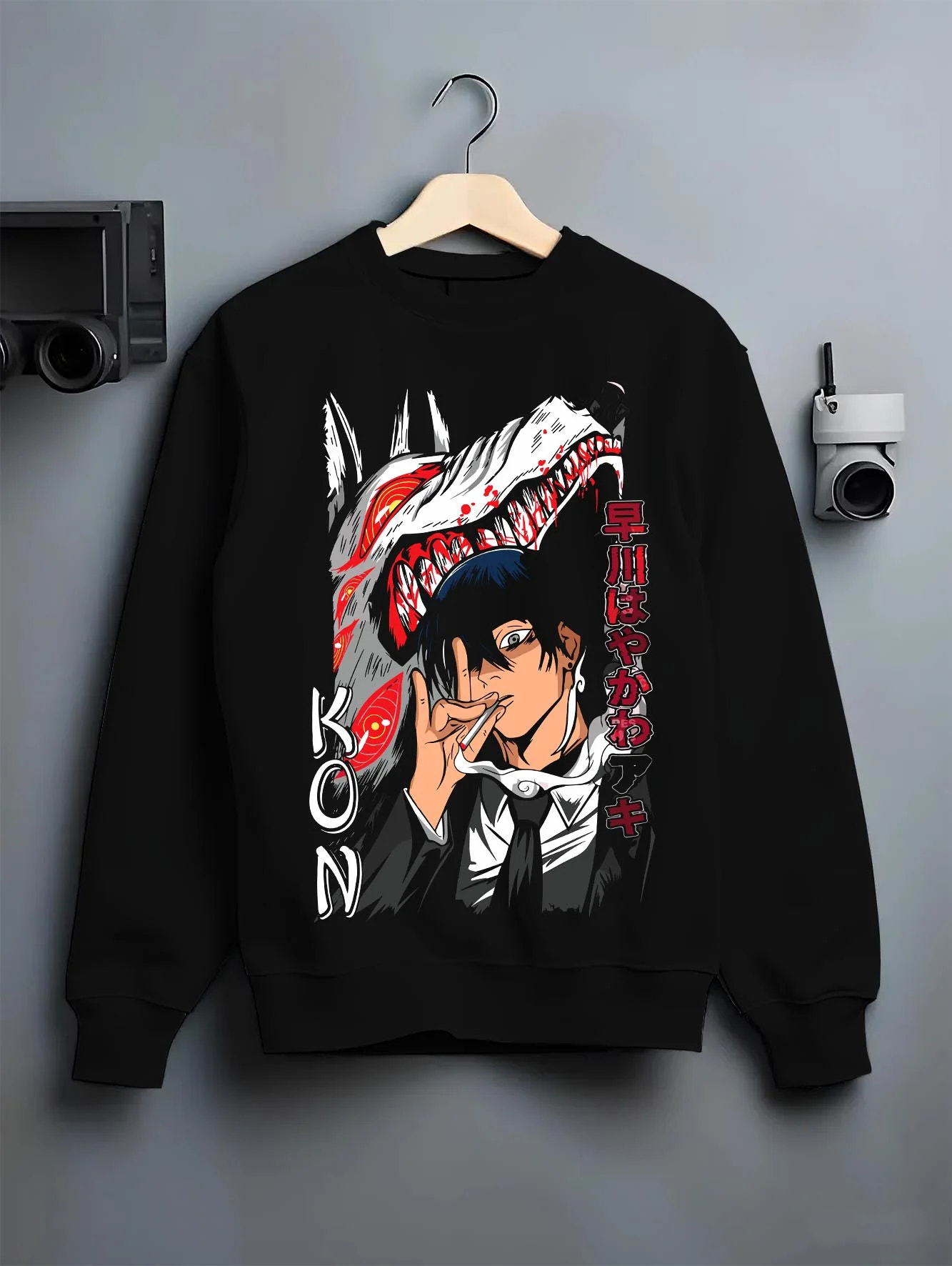 Black crewneck sweatshirt on hanger with Chainsaw Man Hoodie Aki Hayakawa Sword Spirit Power graphic premium wear.