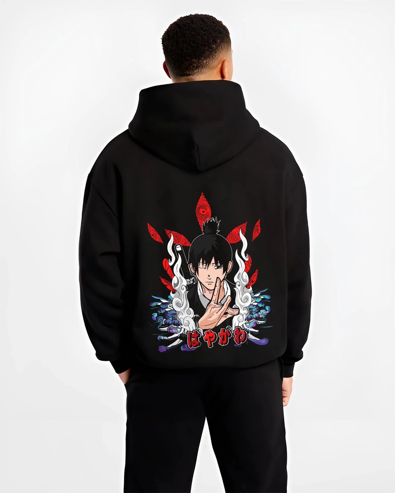 Black hoodie worn by male model, back view with Chainsaw Man Hoodie Aki Hayakawa Fiery Devil Contract graphic premium wear.