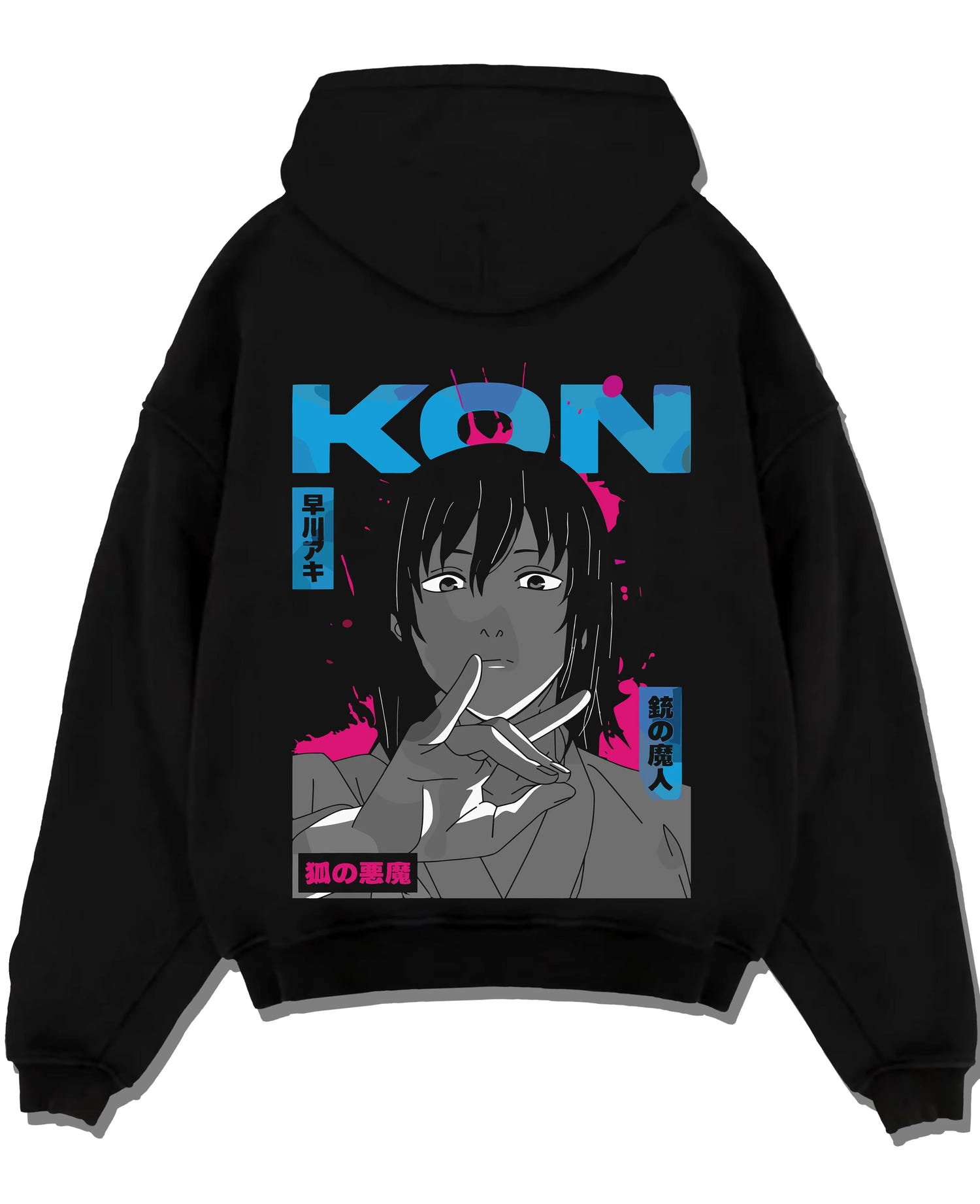 Black pullover hoodie laid flat with Chainsaw Man Hoodie Aki Hayakawa Calm Determined Look graphic streetwear graphic.