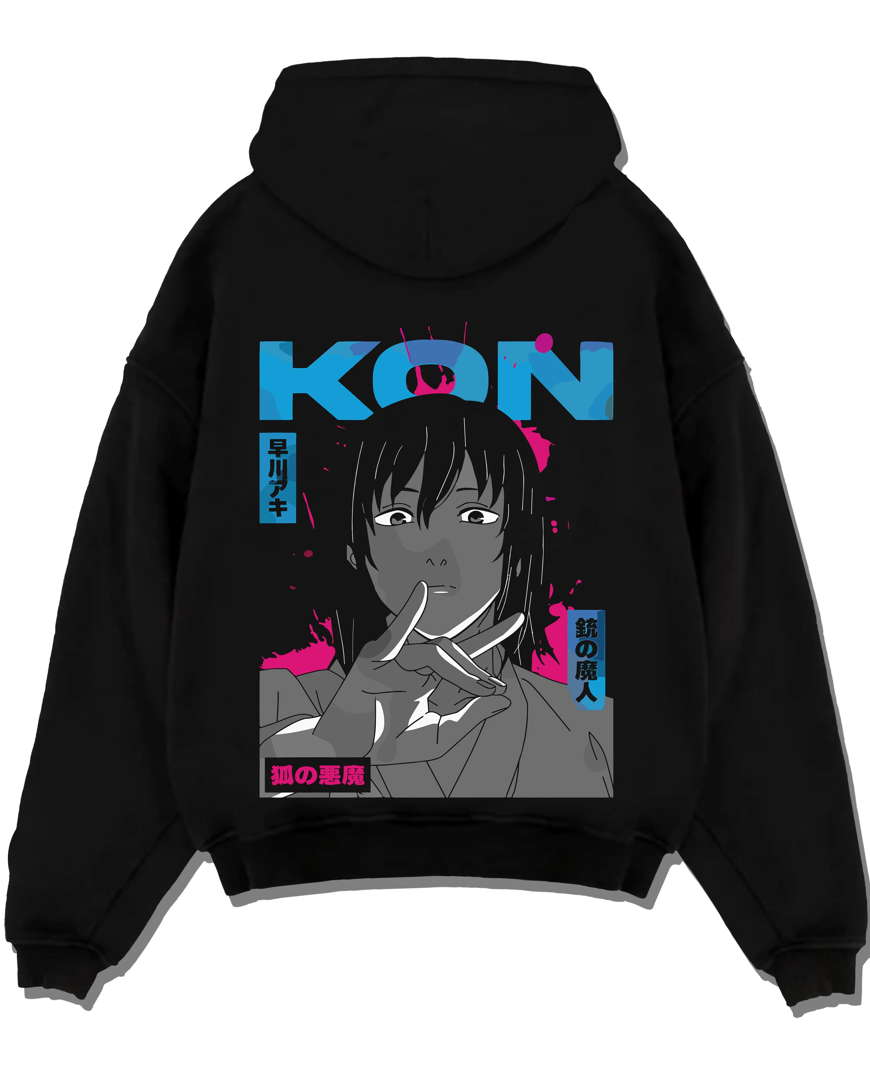 Black pullover hoodie laid flat with Chainsaw Man Hoodie Aki Hayakawa Calm Determined Look graphic streetwear graphic.