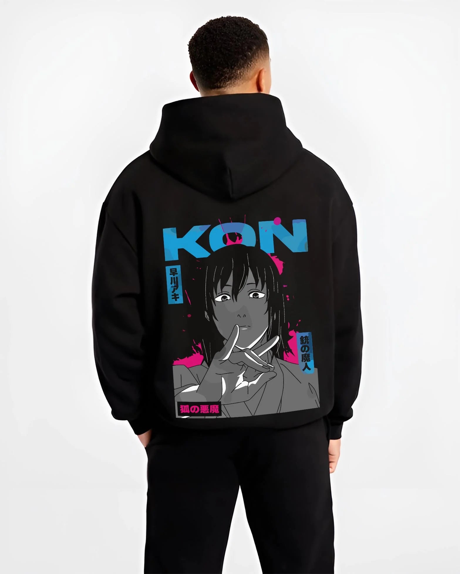 Black hoodie worn by male model, back view with Chainsaw Man Hoodie Aki Hayakawa Calm Determined Look graphic premium wear.