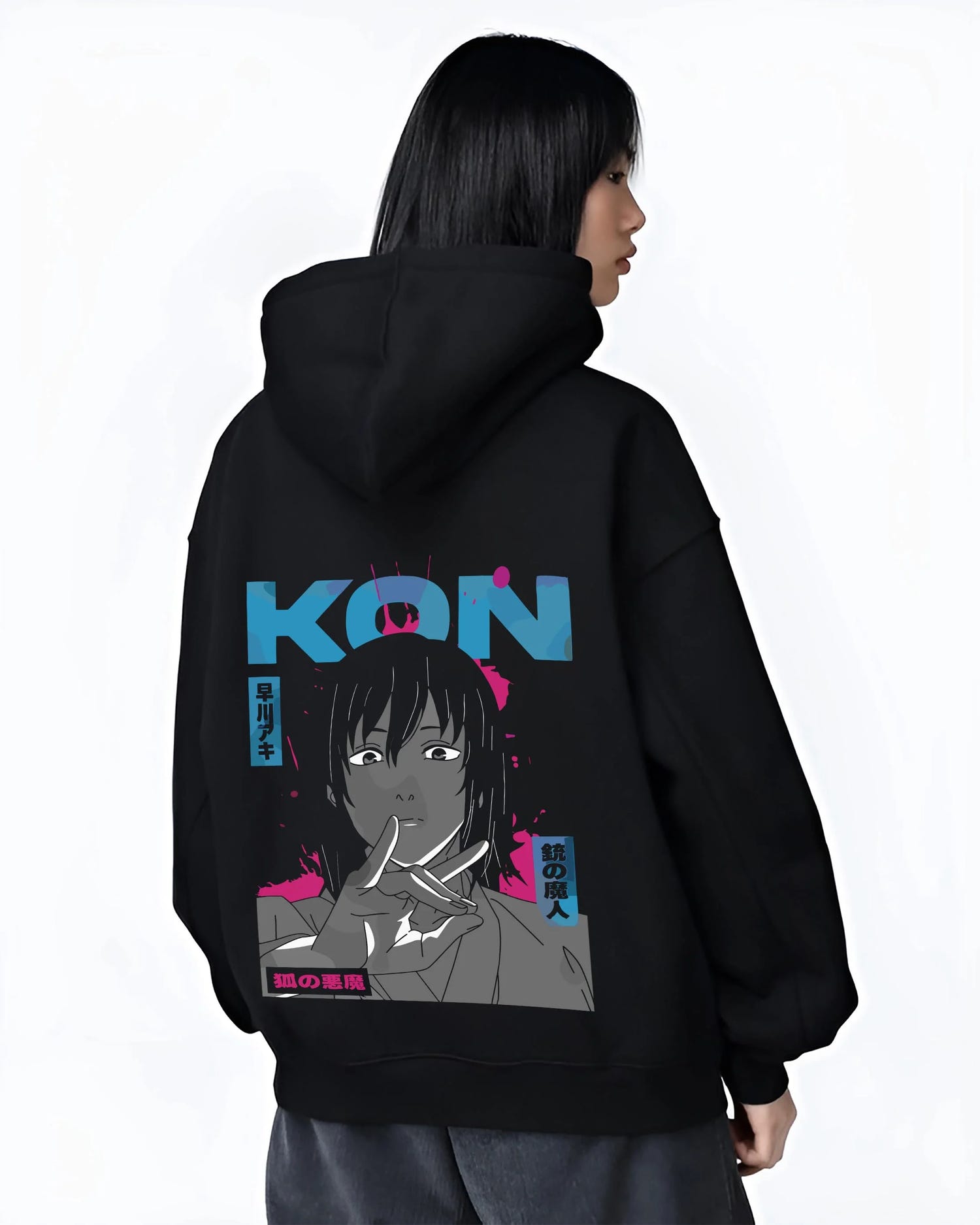 Black hoodie worn by female model, back view with Chainsaw Man Hoodie Aki Hayakawa Calm Determined Look graphic streetwear graphic.
