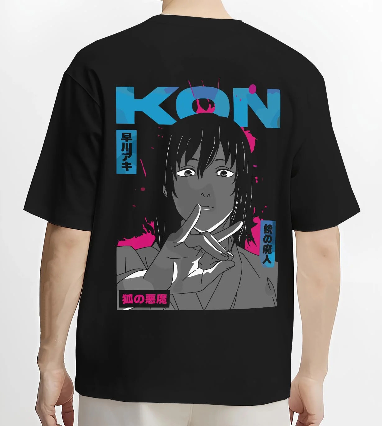 Black T-shirt worn by male model, back view with Chainsaw Man Hoodie Aki Hayakawa Calm Determined Look graphic bold anime graphic.