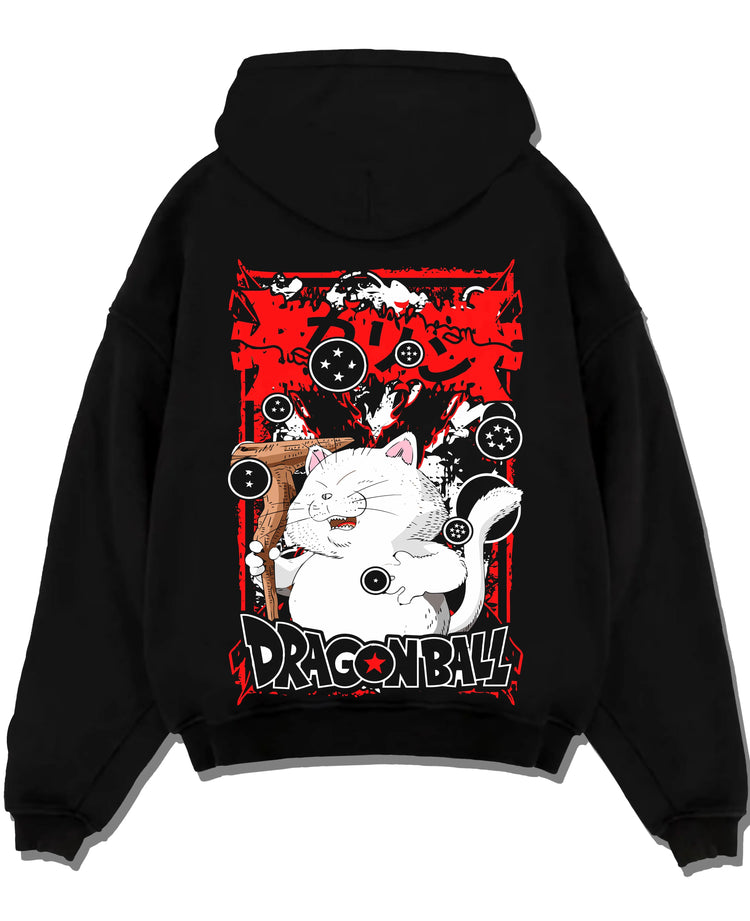 Black pullover hoodie laid flat with Dragon Ball Hoodie Korin Tower Guardian Cat graphic premium wear.