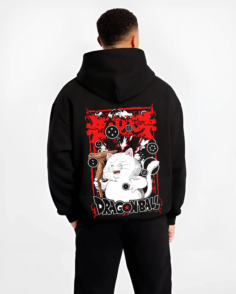 Black hoodie worn by male model, back view with Dragon Ball Hoodie Korin Tower Guardian Cat graphic streetwear graphic.