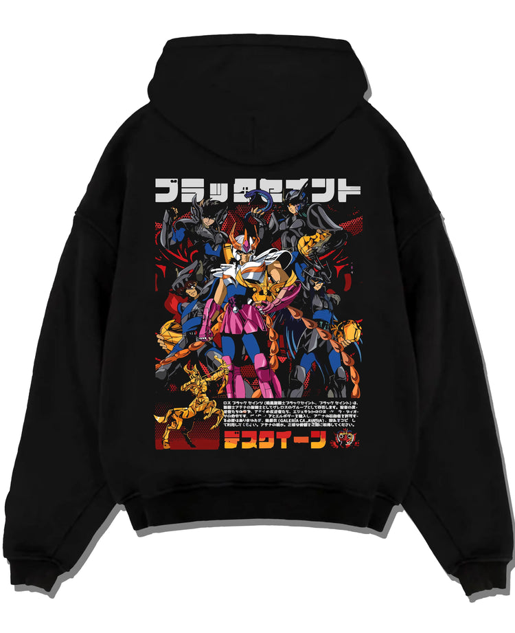 Black hoodie laid flat featuring Saint Seiya Bronze Saints zodiac warriors artwork.