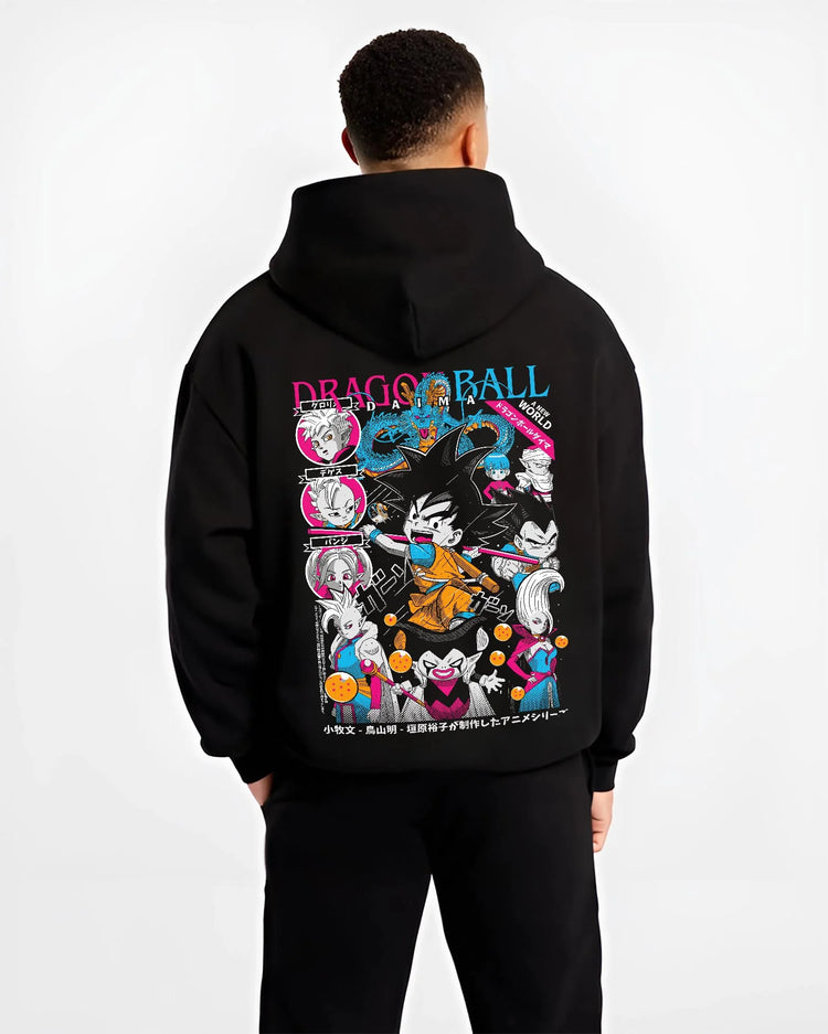Black hoodie worn by male model, back view with Frieza Ball Dragon Ball Z Hoodie Villain Anime Jumper graphic bold anime graphic.