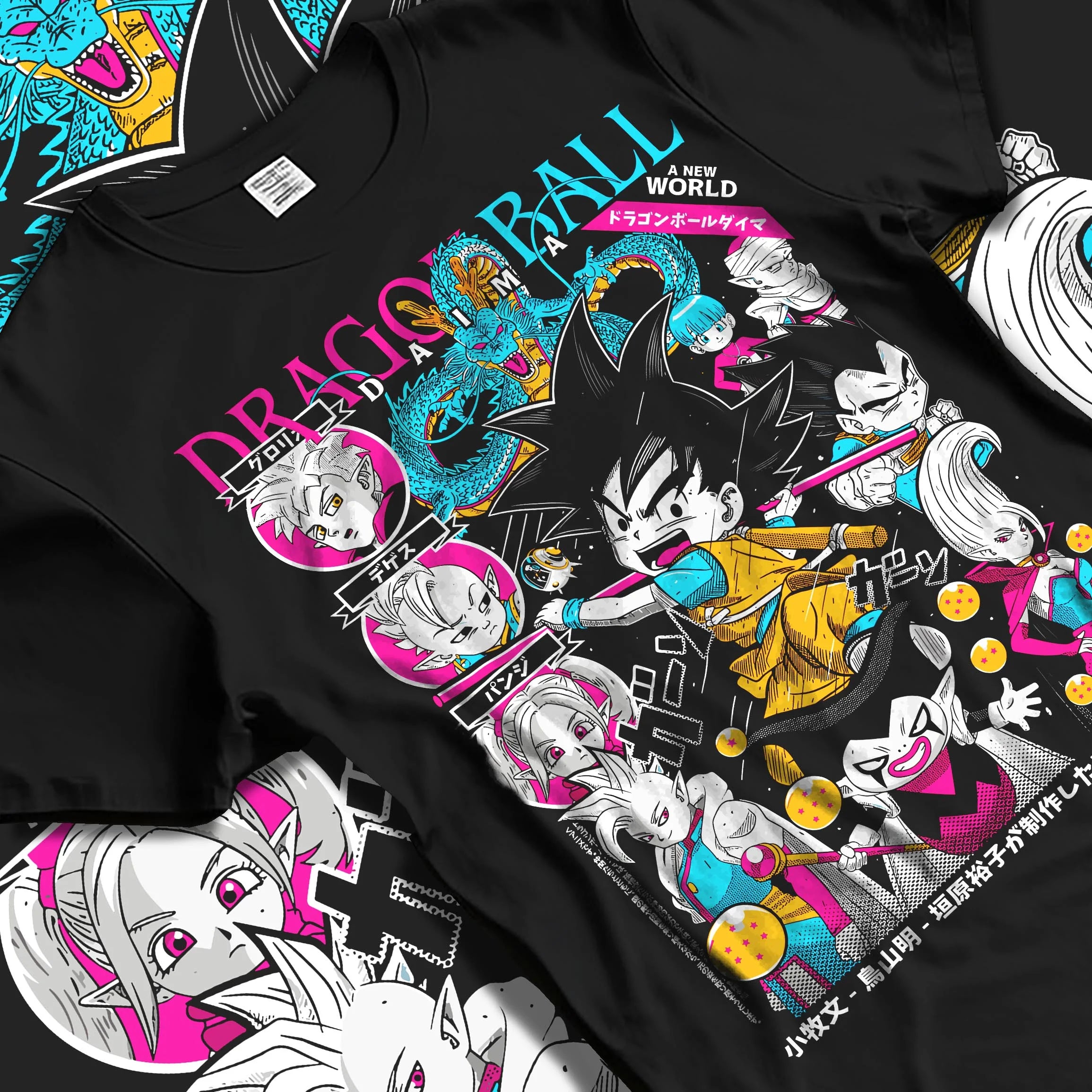 Black T-shirt laid flat with natural folds with Frieza Ball Dragon Ball Z Hoodie Villain Anime Jumper graphic Frieza anime design.