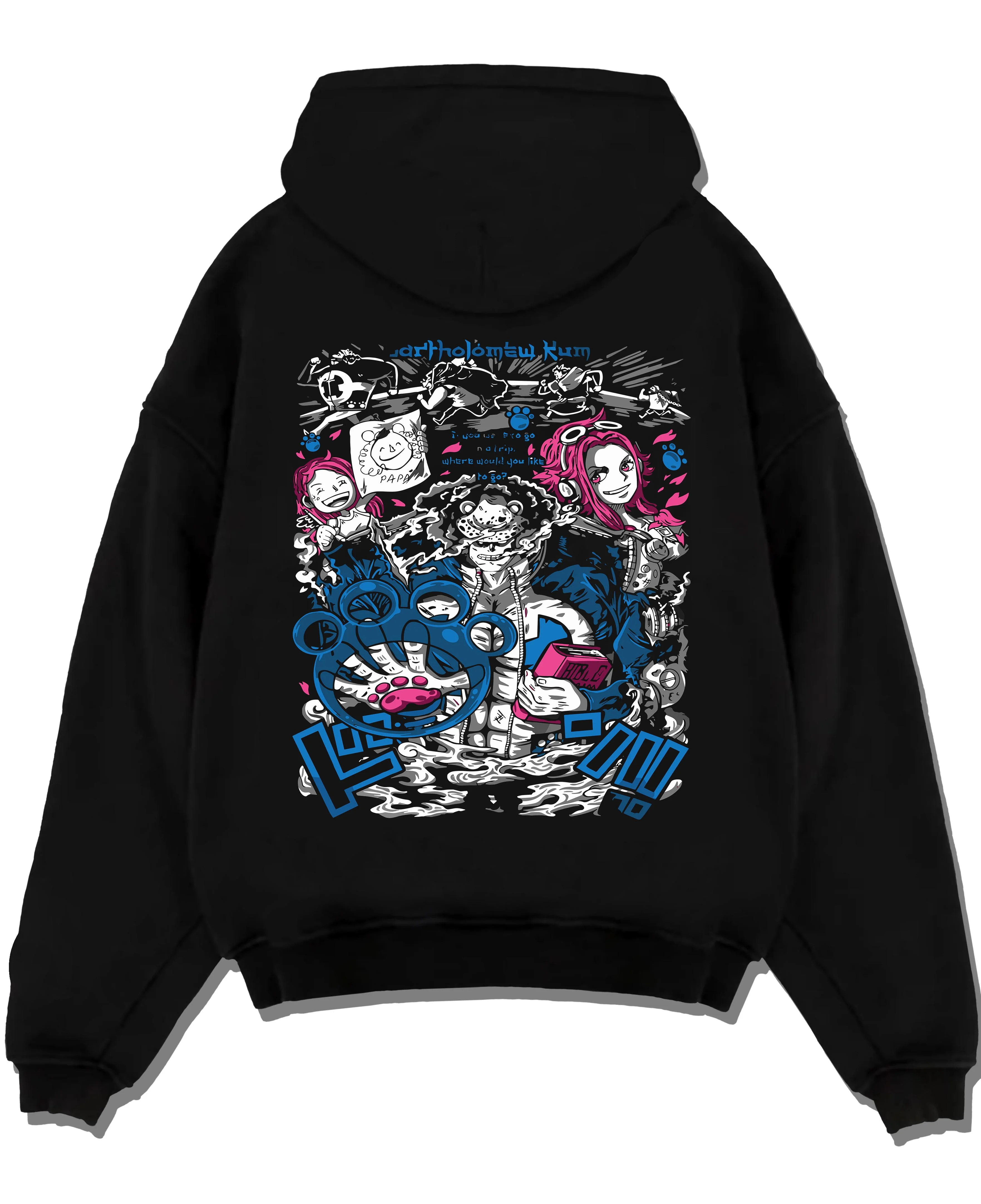 Black pullover hoodie laid flat with Bartholomew Kuma One Piece Hoodie Tyrant Pirate Jumper graphic bold anime graphic.