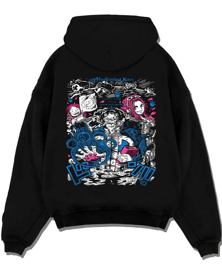 Black pullover hoodie laid flat with Bartholomew Kuma One Piece Hoodie Tyrant Pirate Jumper graphic bold anime graphic.