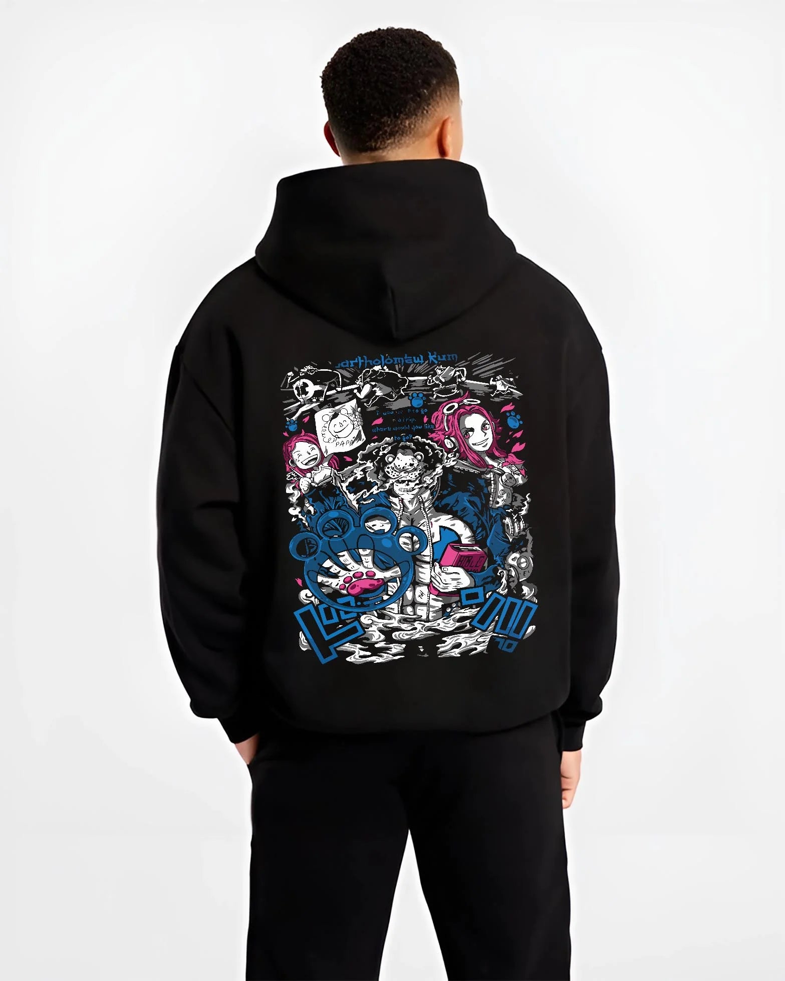 Black hoodie worn by male model, back view with Bartholomew Kuma One Piece Hoodie Tyrant Pirate Jumper graphic streetwear graphic.