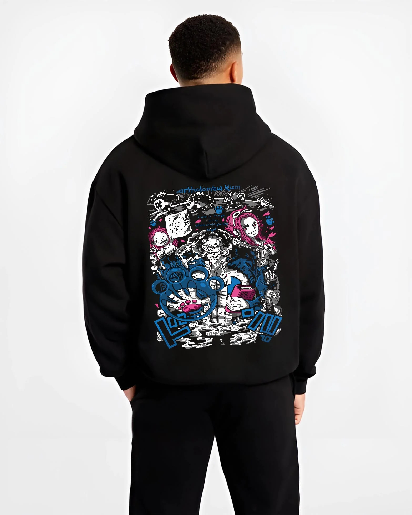 Black hoodie worn by male model, back view with Bartholomew Kuma One Piece Hoodie Tyrant Pirate Jumper graphic streetwear graphic.