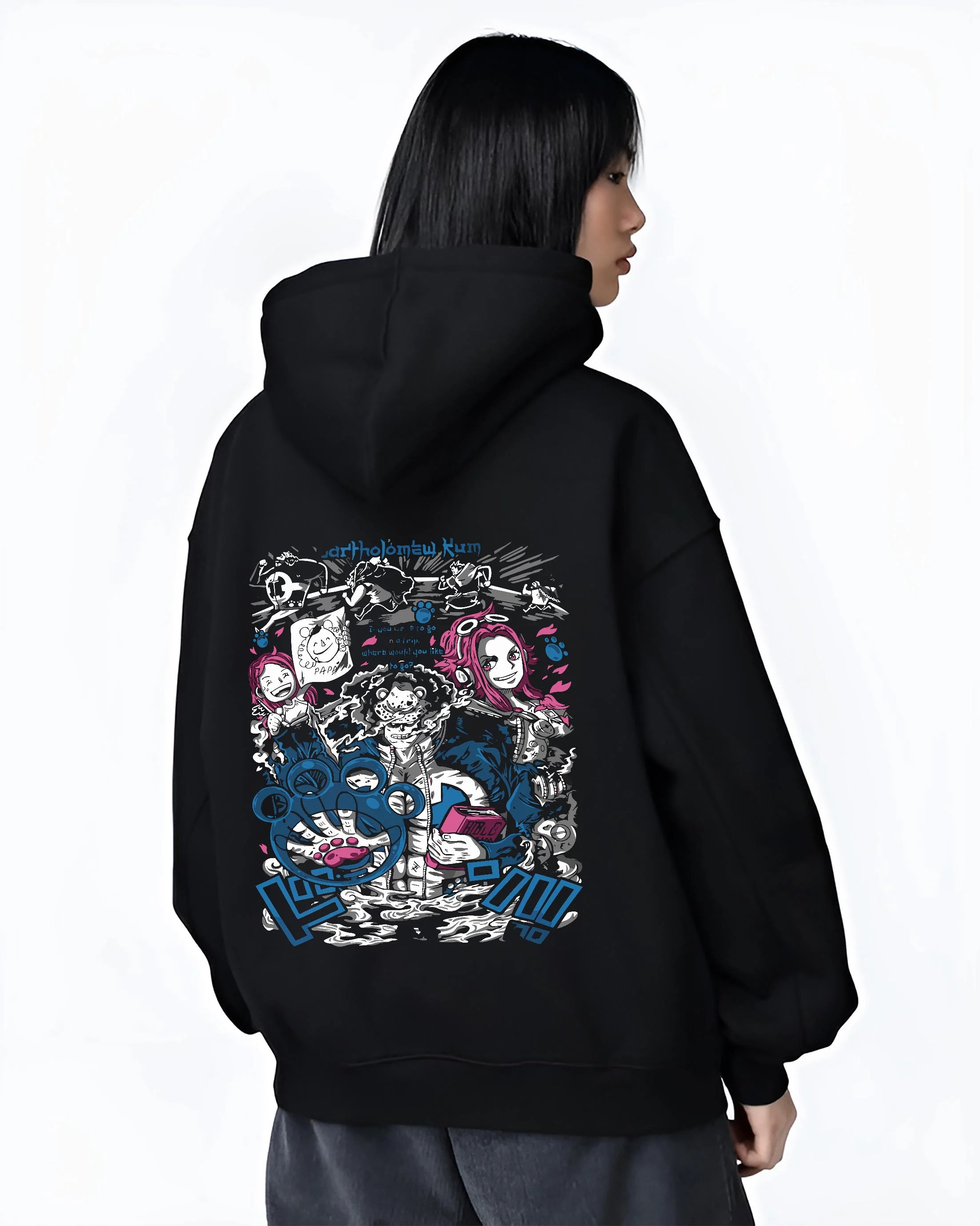 Black hoodie worn by female model, back view with Bartholomew Kuma One Piece Hoodie Tyrant Pirate Jumper graphic streetwear graphic.
