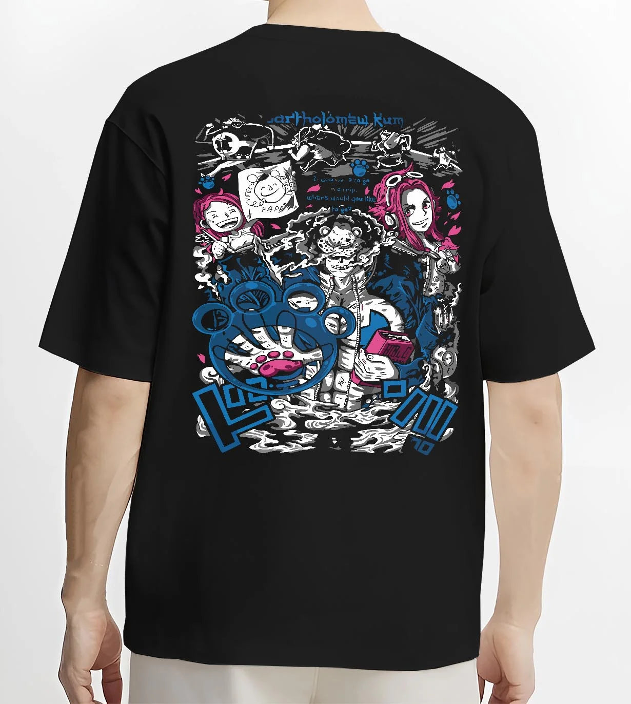 Black T-shirt worn by male model, back view with Bartholomew Kuma One Piece Hoodie Tyrant Pirate Jumper graphic bold anime graphic.