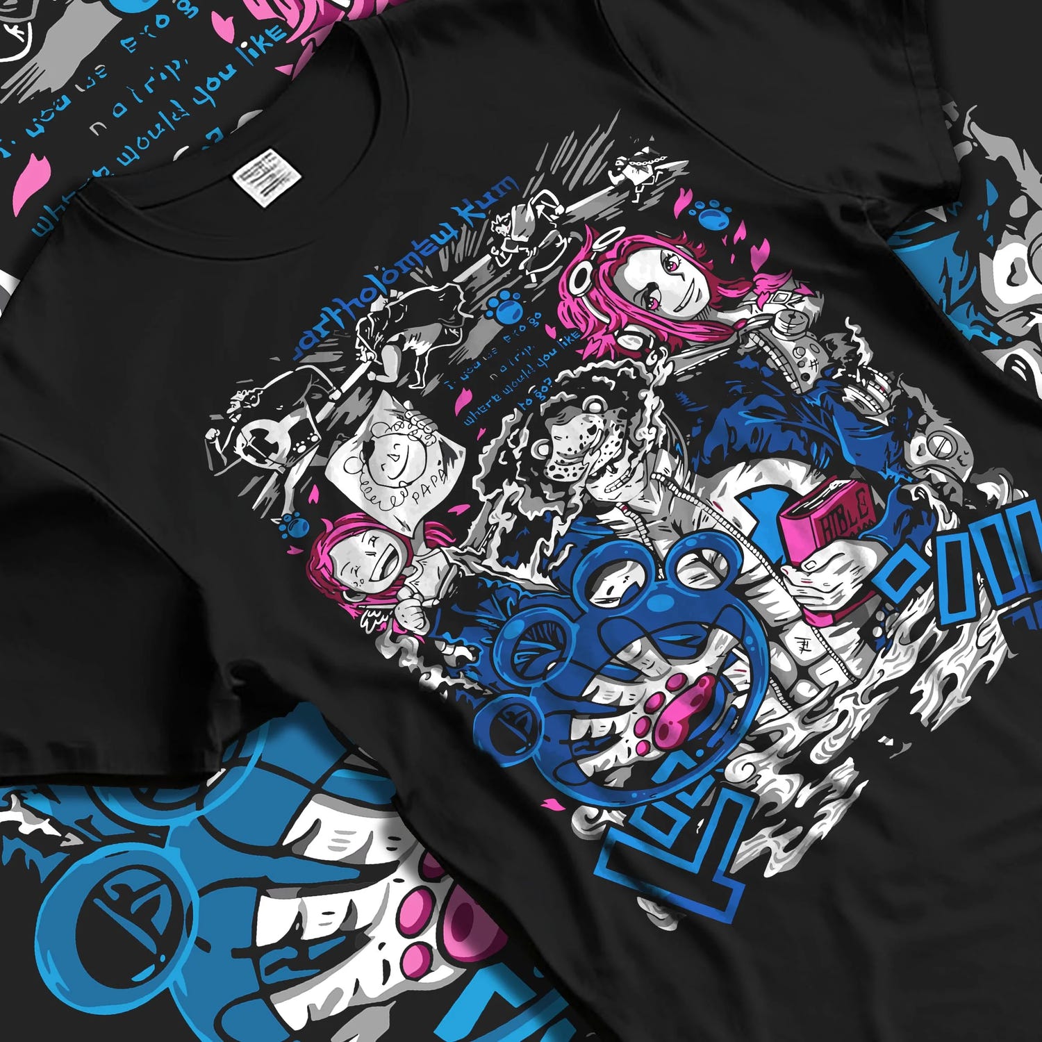 Black T-shirt laid flat with natural folds with Bartholomew Kuma One Piece Hoodie Tyrant Pirate Jumper graphic premium wear.