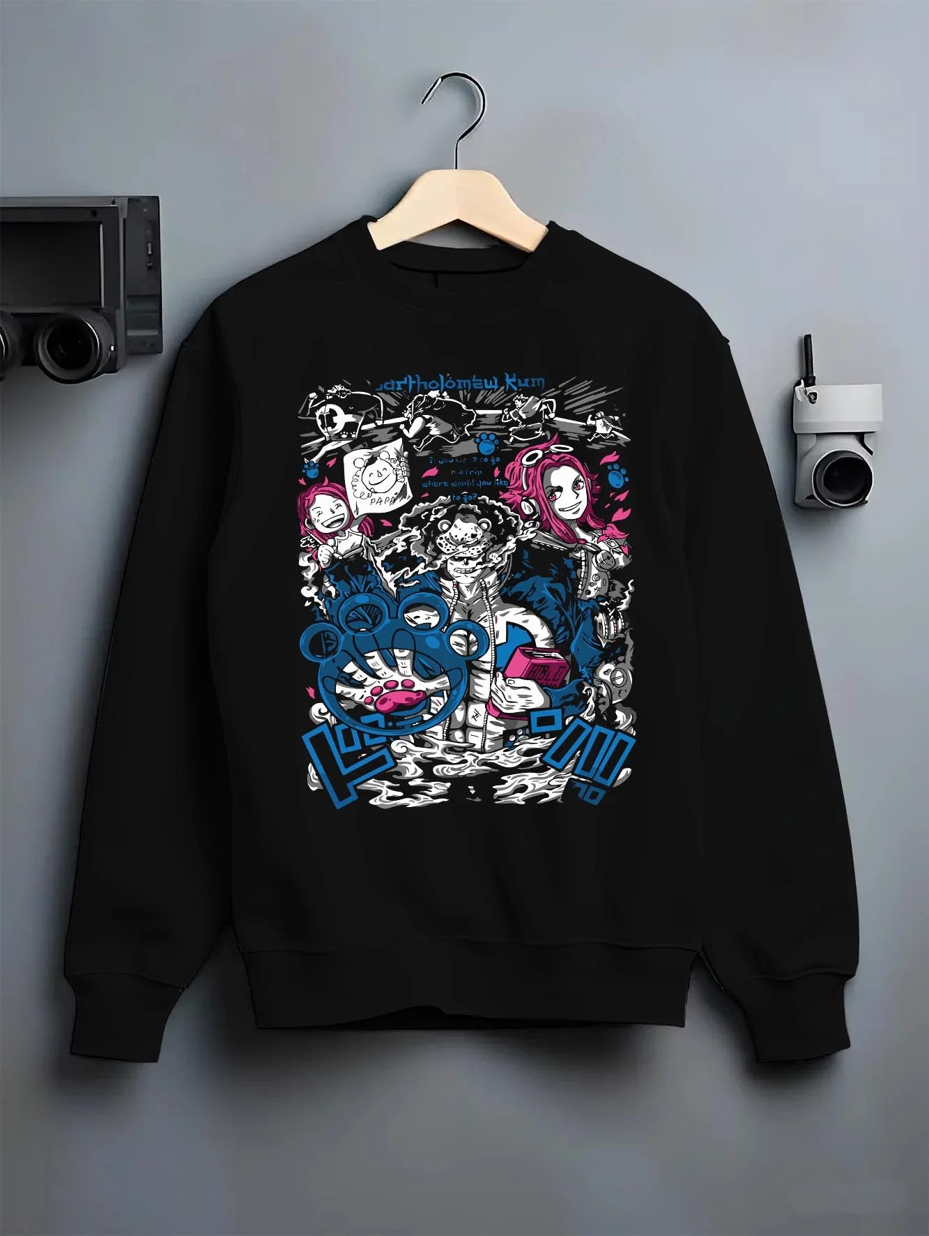 Black crewneck sweatshirt on hanger with Bartholomew Kuma One Piece Hoodie Tyrant Pirate Jumper graphic streetwear graphic.