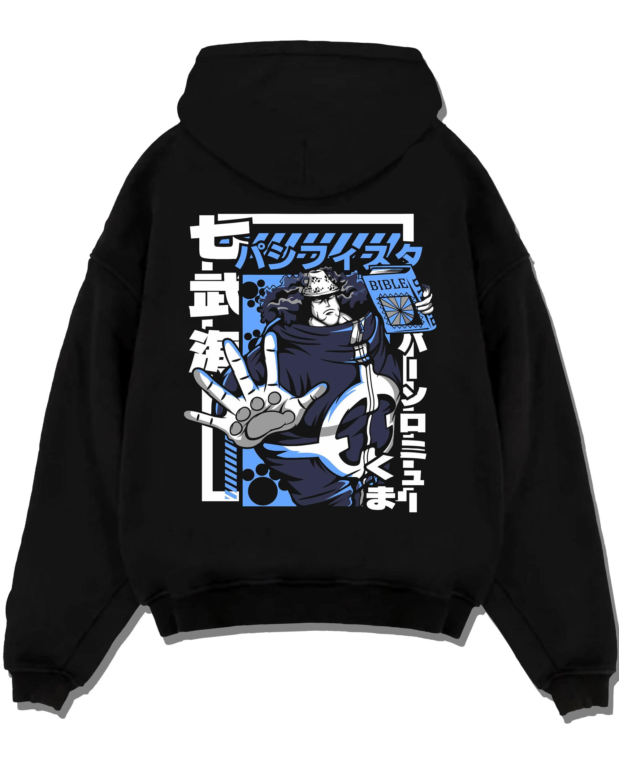 Black pullover hoodie laid flat with Bartholomew Kuma One Piece Hoodie Revolutionary Anime graphic bold anime graphic.