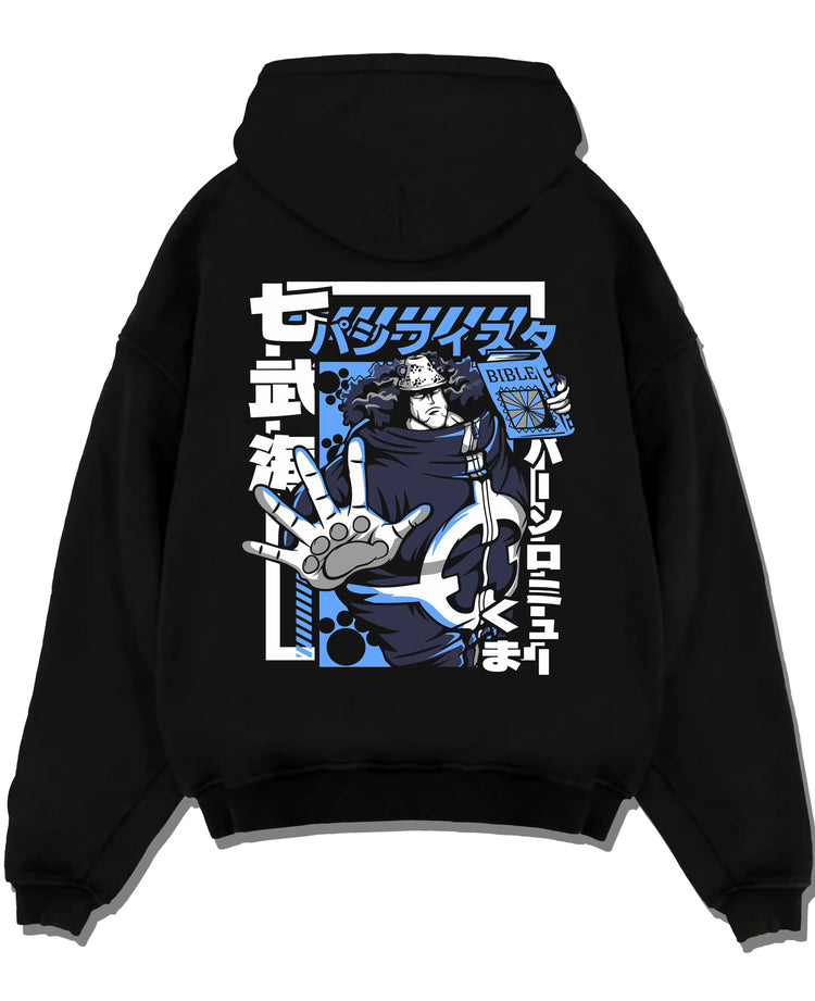 Black pullover hoodie laid flat with Bartholomew Kuma One Piece Hoodie Revolutionary Anime graphic bold anime graphic.