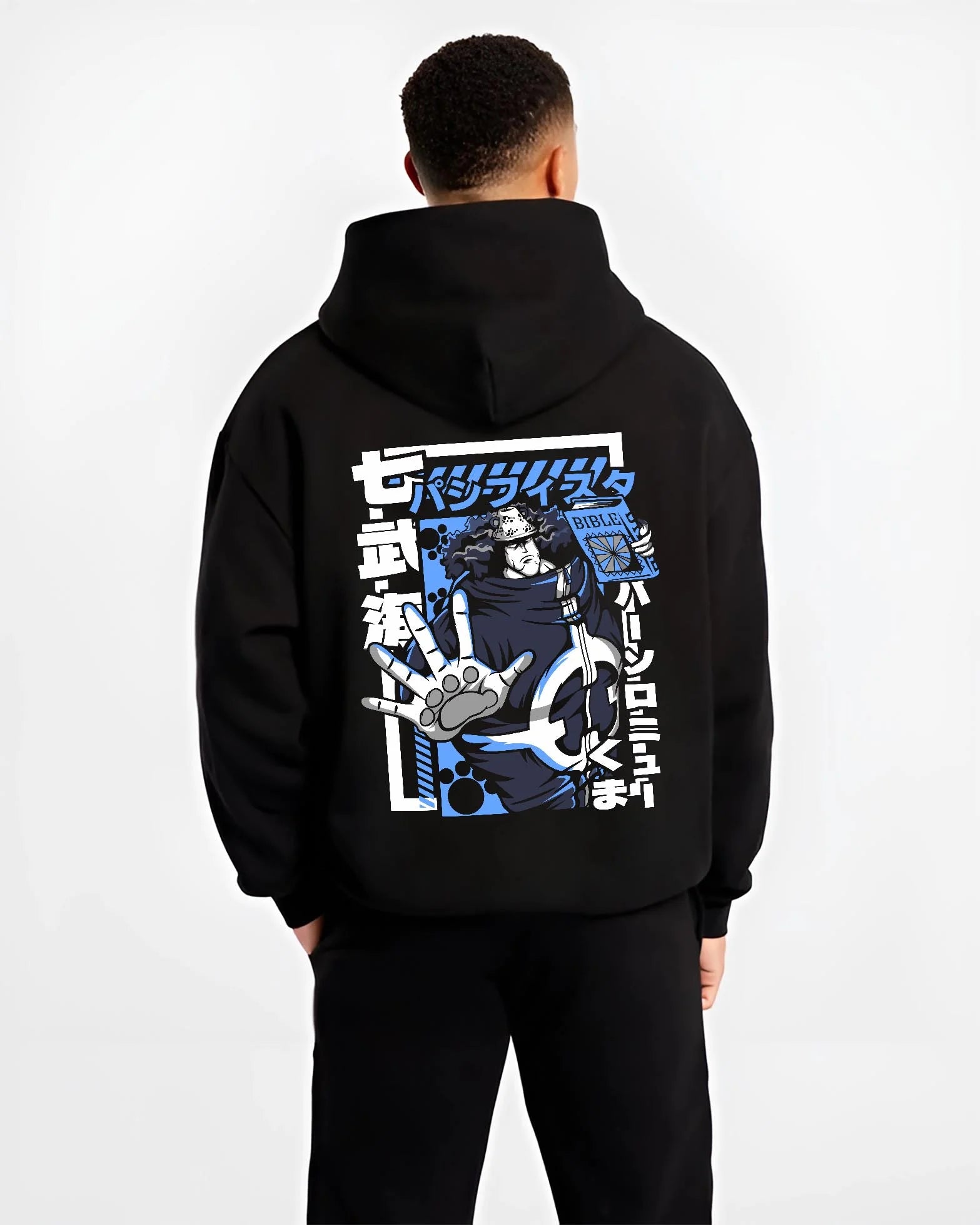 Black hoodie worn by male model, back view with Bartholomew Kuma One Piece Hoodie Revolutionary Anime graphic premium wear.