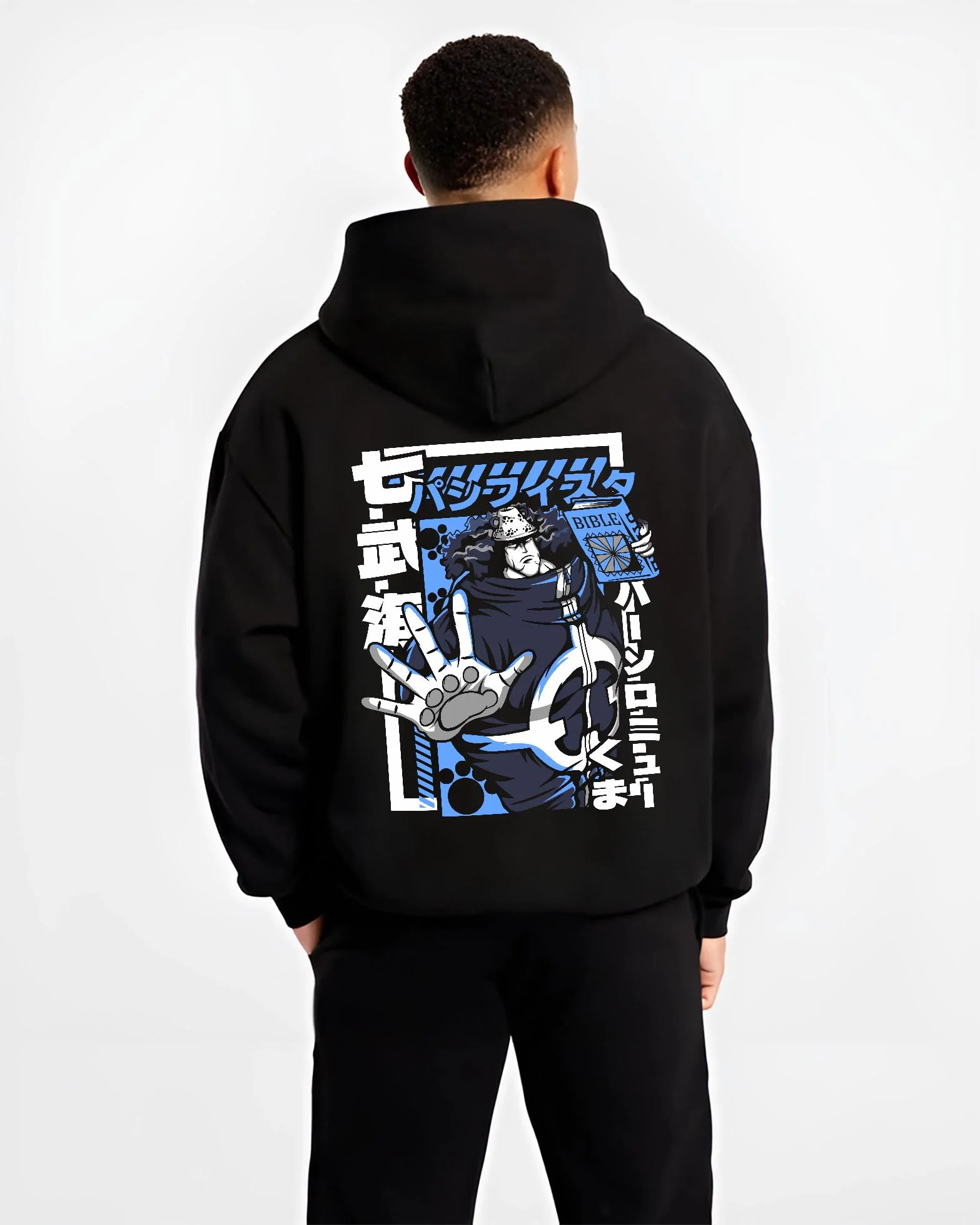 Black hoodie worn by male model, back view with Bartholomew Kuma One Piece Hoodie Revolutionary Anime graphic premium wear.