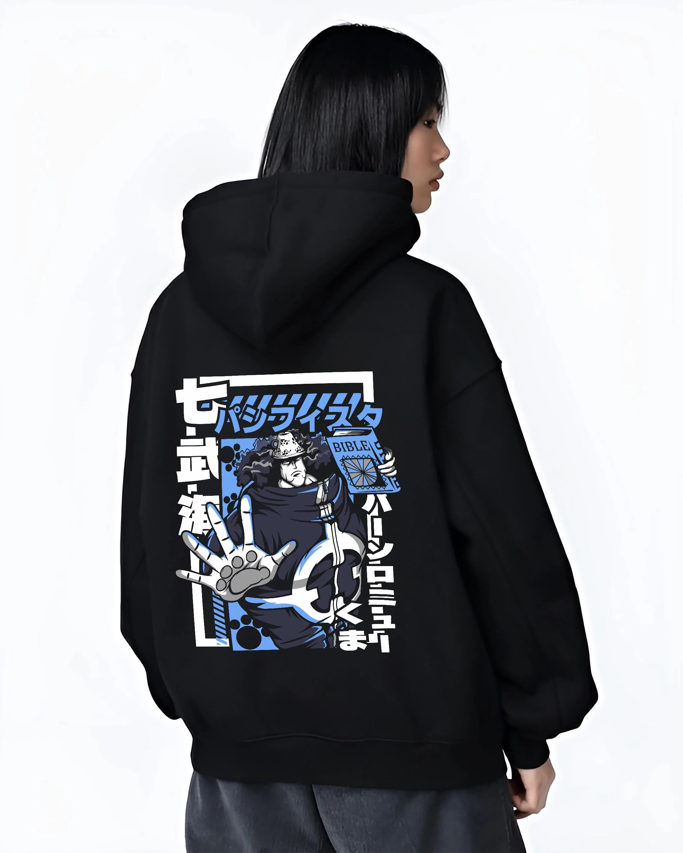 Black hoodie worn by female model, back view with Bartholomew Kuma One Piece Hoodie Revolutionary Anime graphic premium wear.