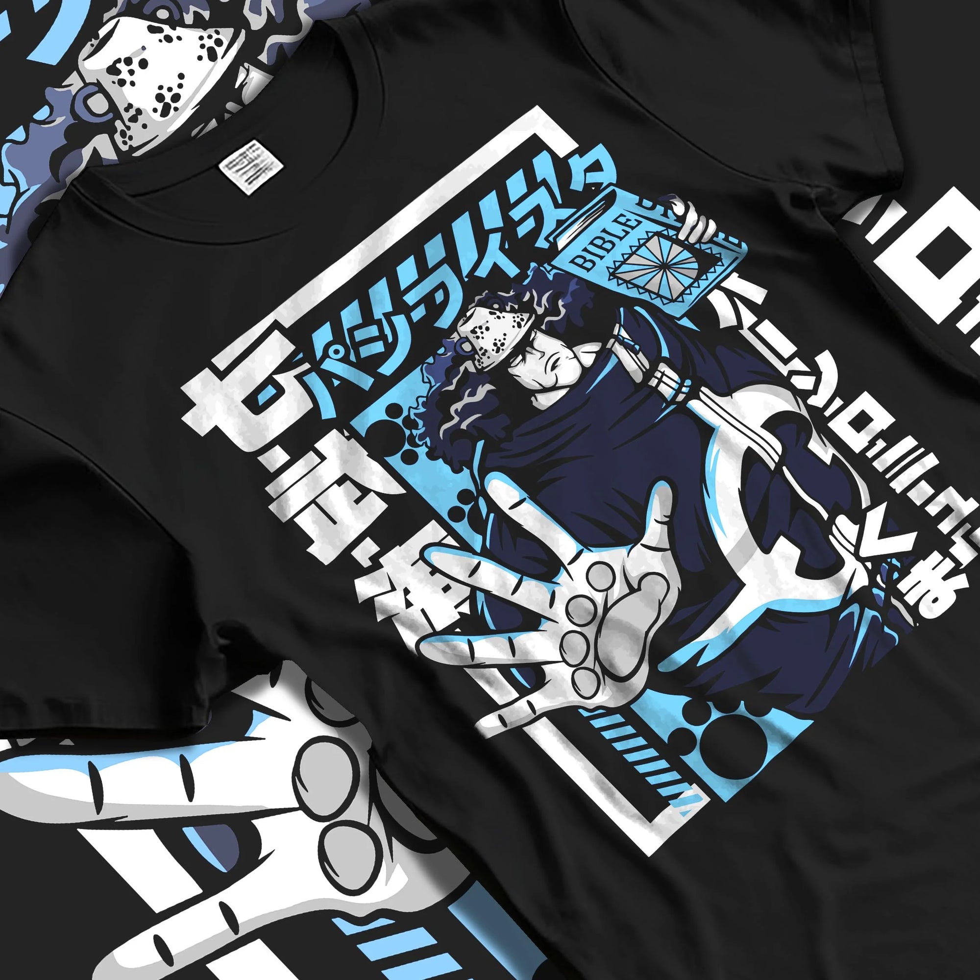 Black T-shirt laid flat with natural folds with Bartholomew Kuma One Piece Hoodie Revolutionary Anime graphic premium wear.