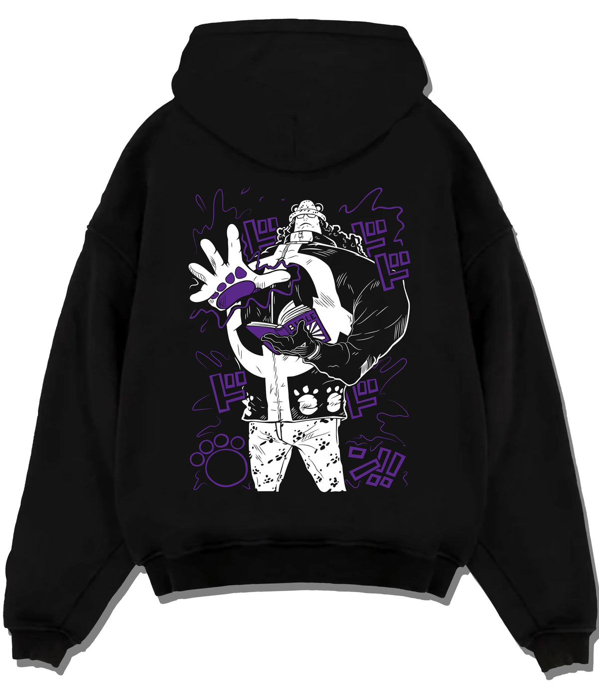 Black hoodie flat back view showing Bartholomew Kuma from One Piece: paw-paw fruit