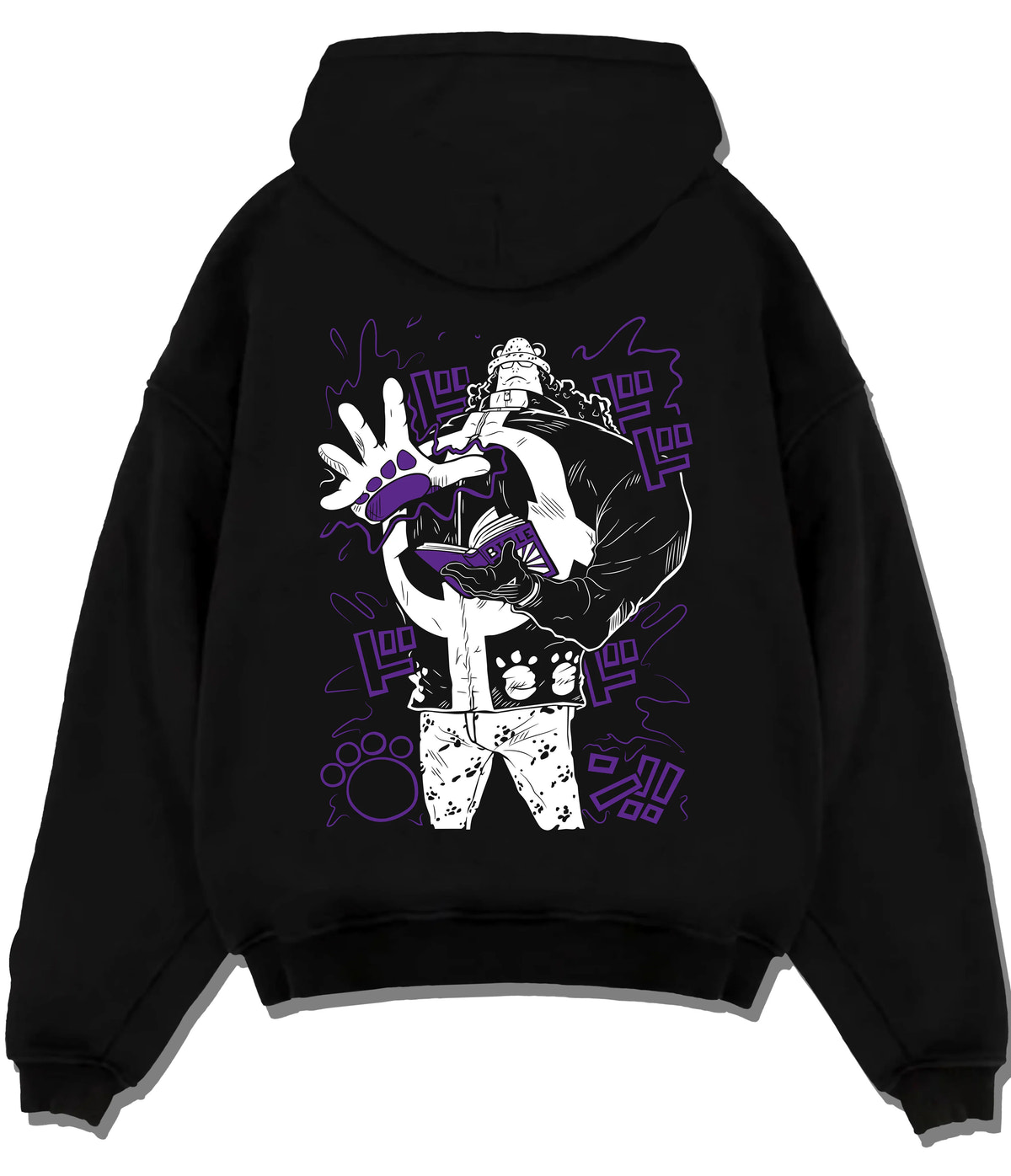 Black hoodie flat back view showing Bartholomew Kuma from One Piece: paw-paw fruit