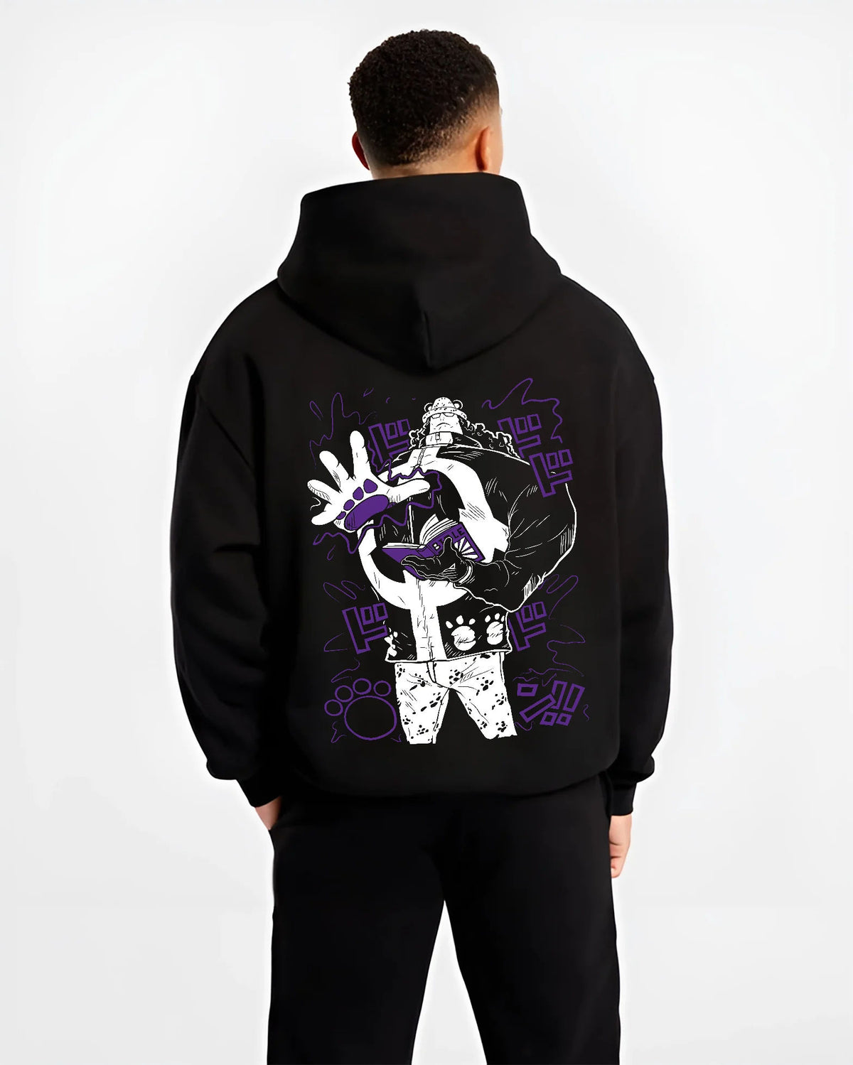 Black hoodie model back view showing Bartholomew Kuma from One Piece: paw-paw fruit