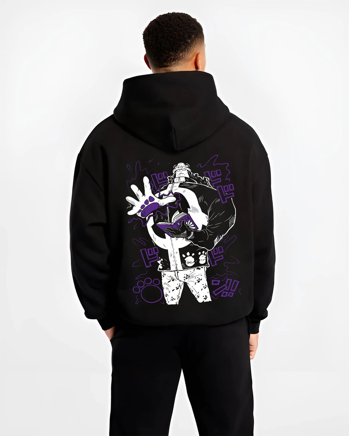Black hoodie model back view showing Bartholomew Kuma from One Piece: paw-paw fruit