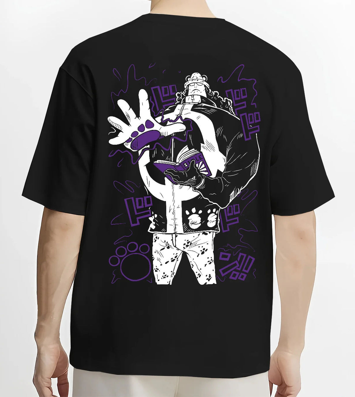 Black T-shirt model back view showing Bartholomew Kuma from One Piece: paw-paw fruit