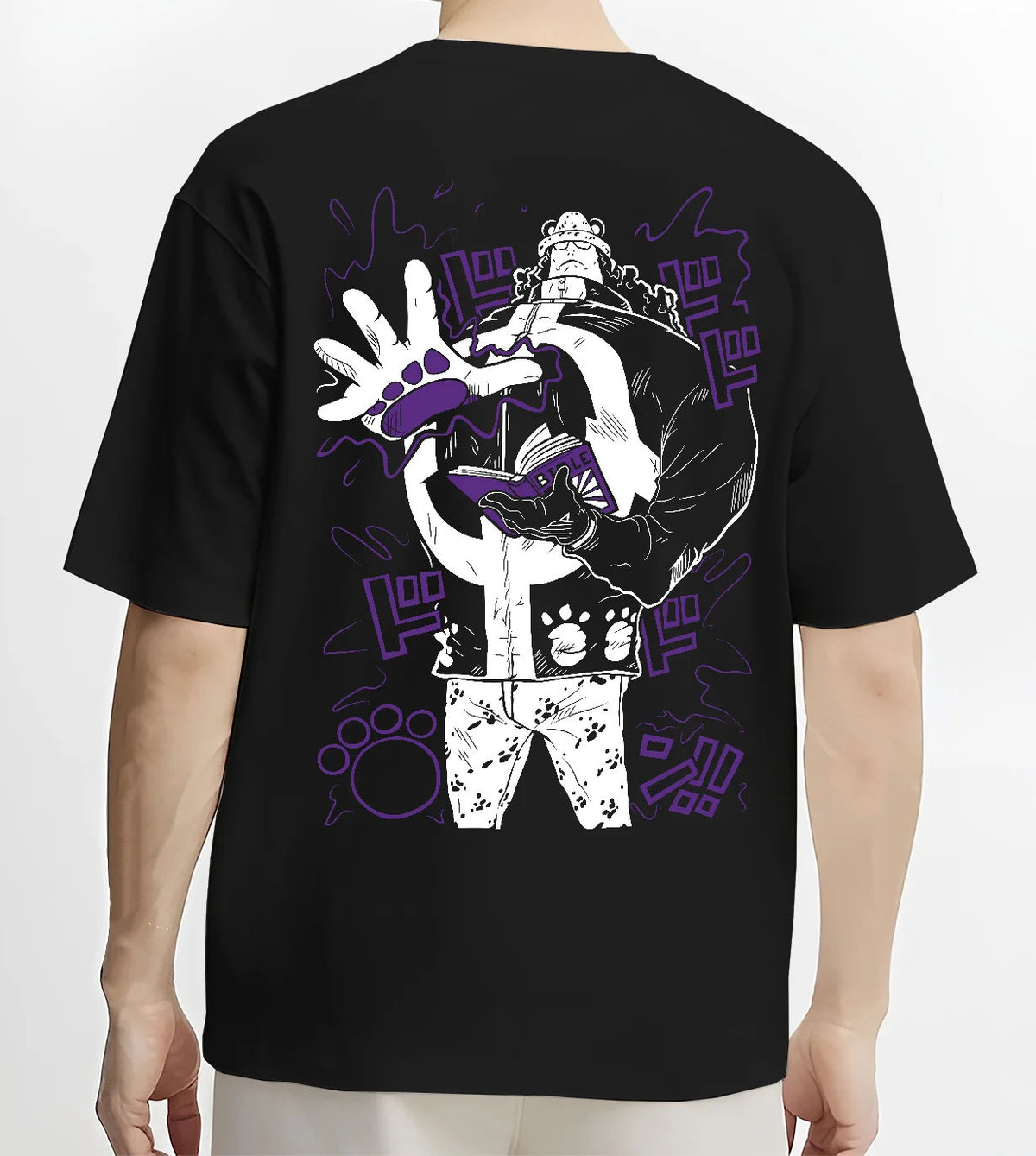 Black T-shirt model back view showing Bartholomew Kuma from One Piece: paw-paw fruit